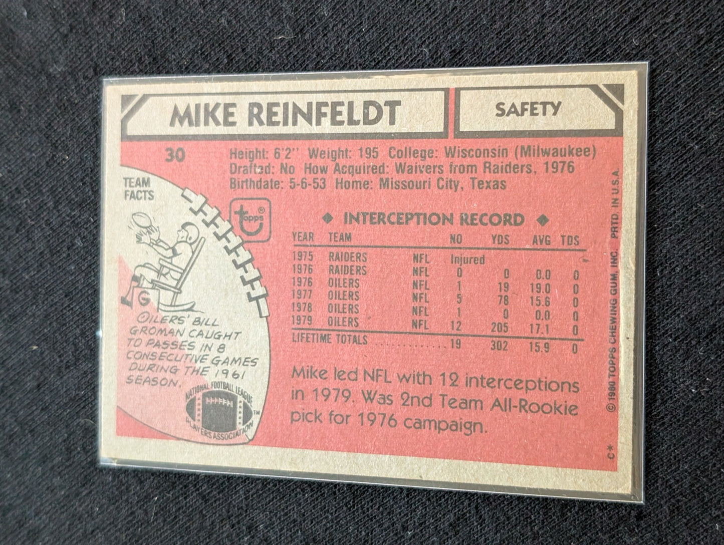 Mike Reinfeldt Oilers Vintage Topps Lot (2) 1980 All-Pro & 1981 INT Leader