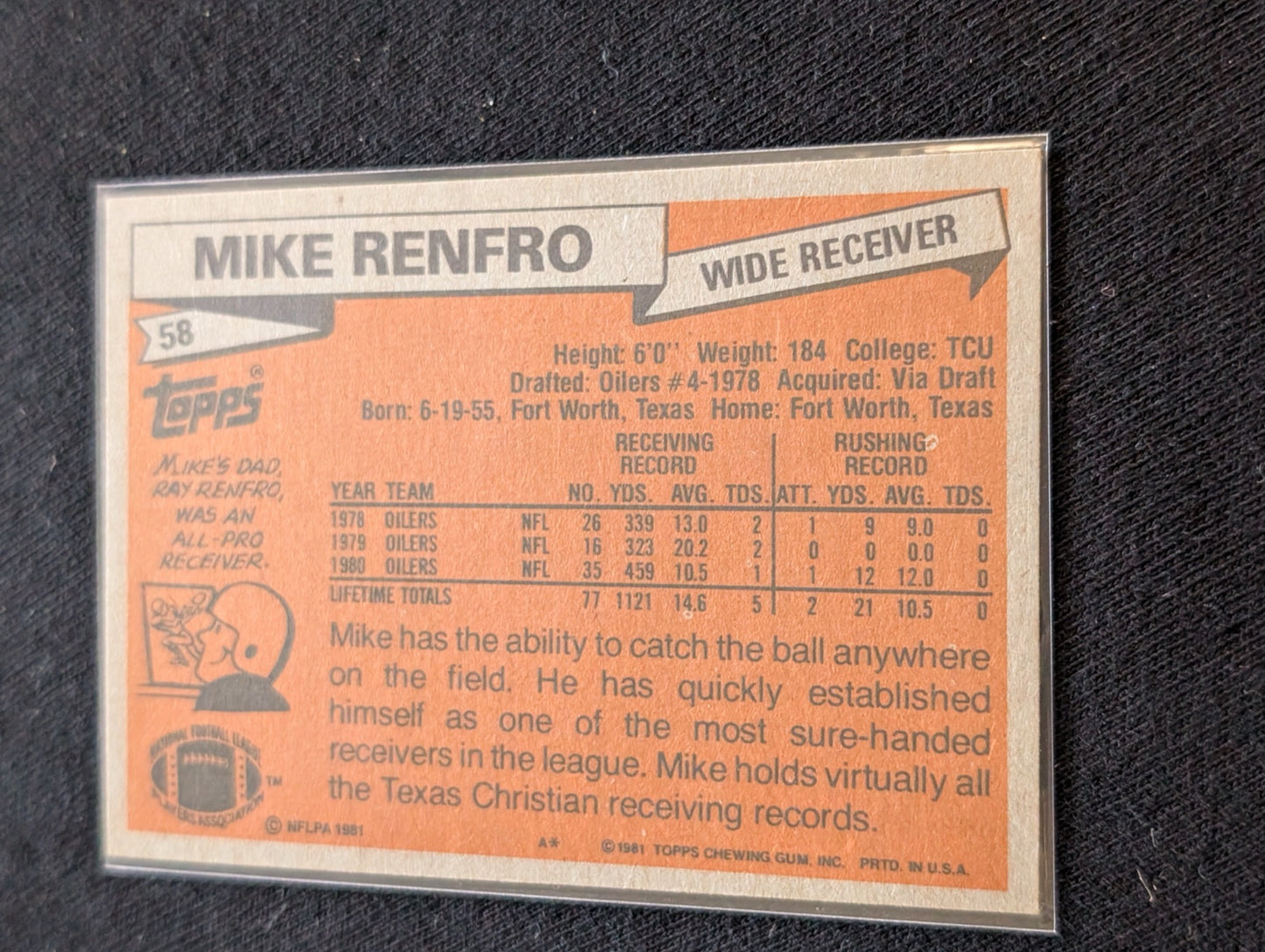 Mike Renfro Houston Oilers Vintage Topps Lot (2) 1980 & 1981 WR