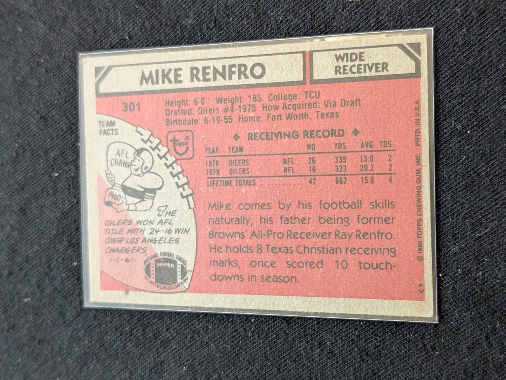 Mike Renfro Houston Oilers Vintage Topps Lot (2) 1980 & 1981 WR