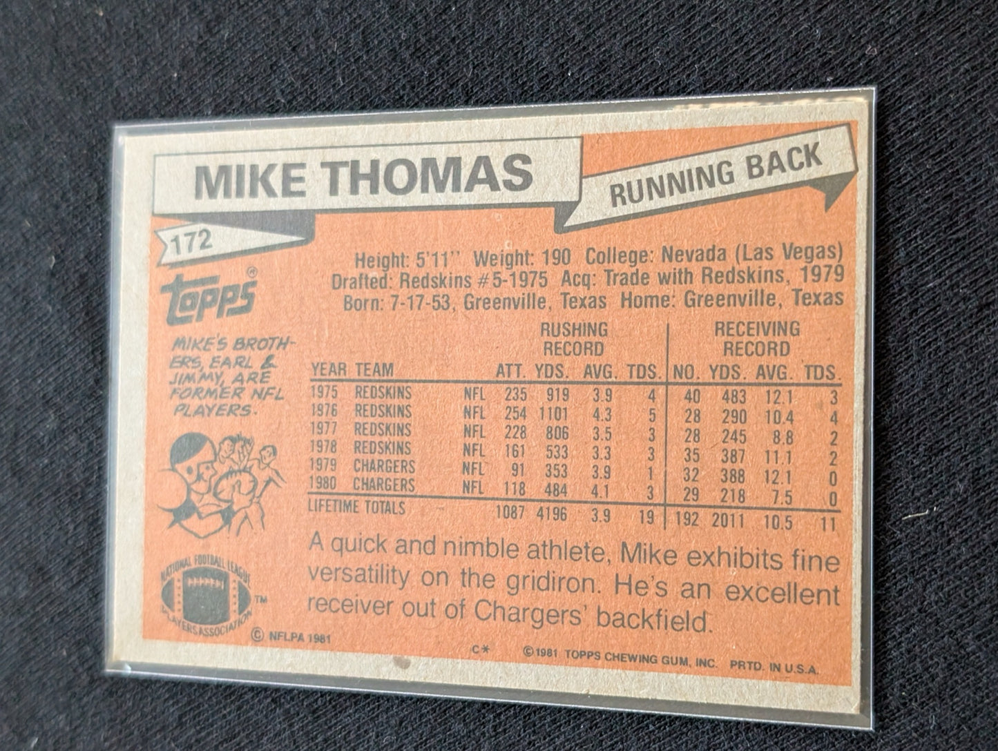 Mike Thomas Chargers Vintage Topps Lot (2) 1980 & 1981 RB