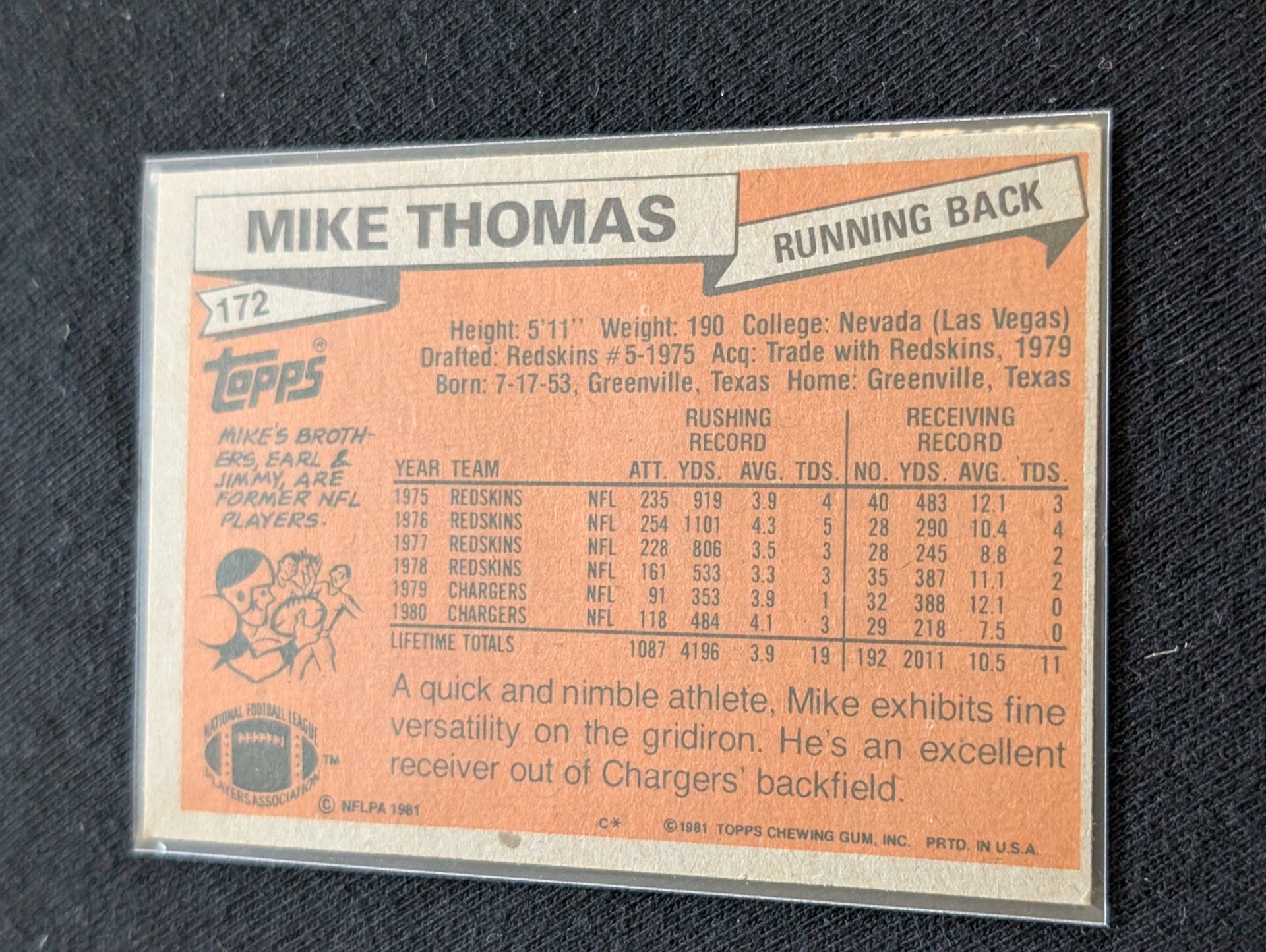 Mike Thomas Chargers Vintage Topps Lot (2) 1980 & 1981 RB
