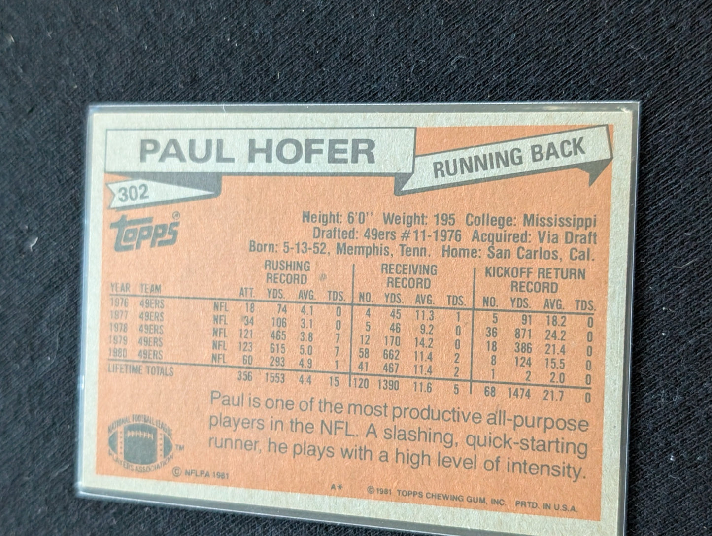 Paul Hofer San Francisco 49ers Vintage Topps Lot (2) 1980 & 1981 RB