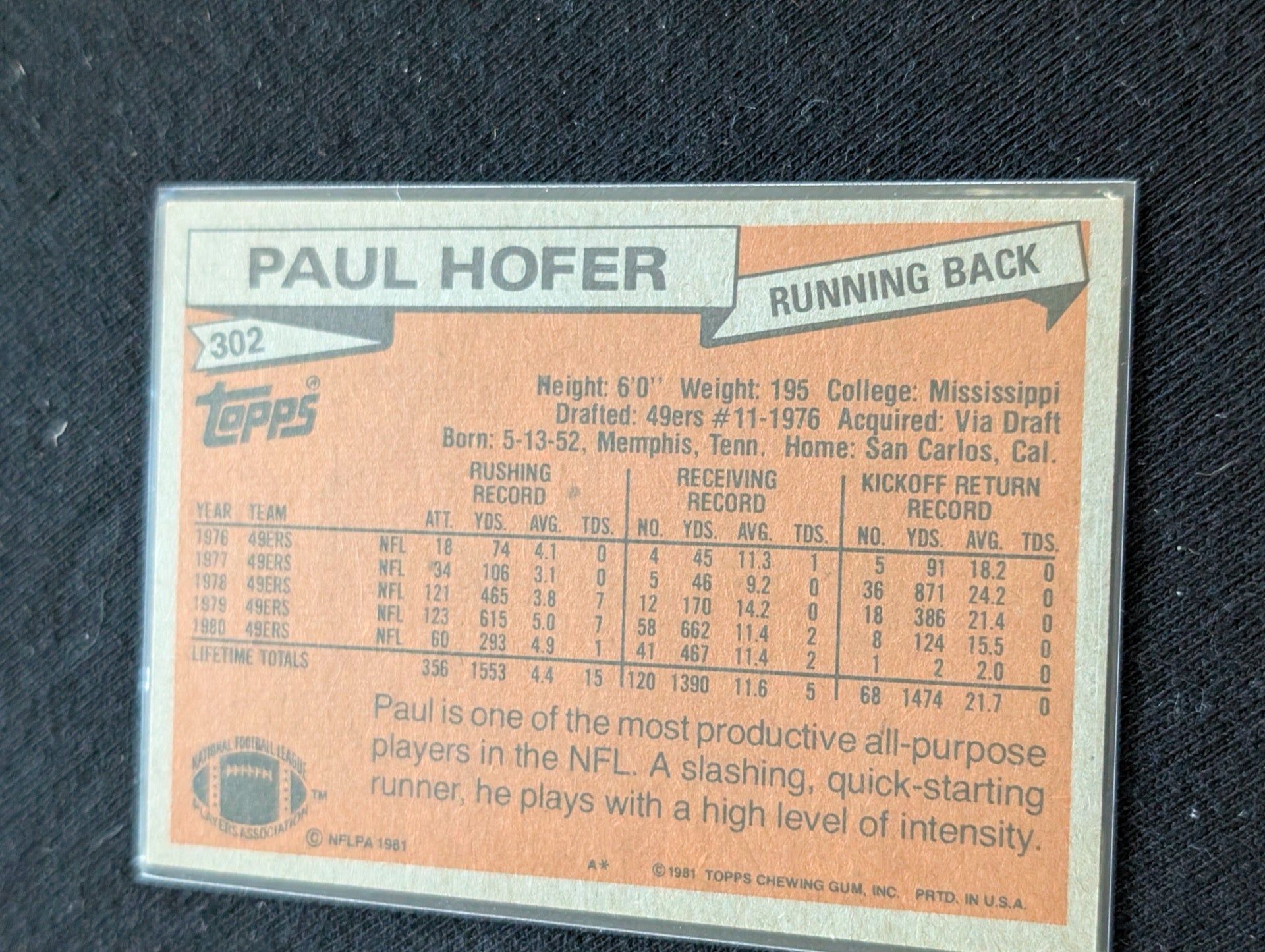 Paul Hofer San Francisco 49ers Vintage Topps Lot (2) 1980 & 1981 RB