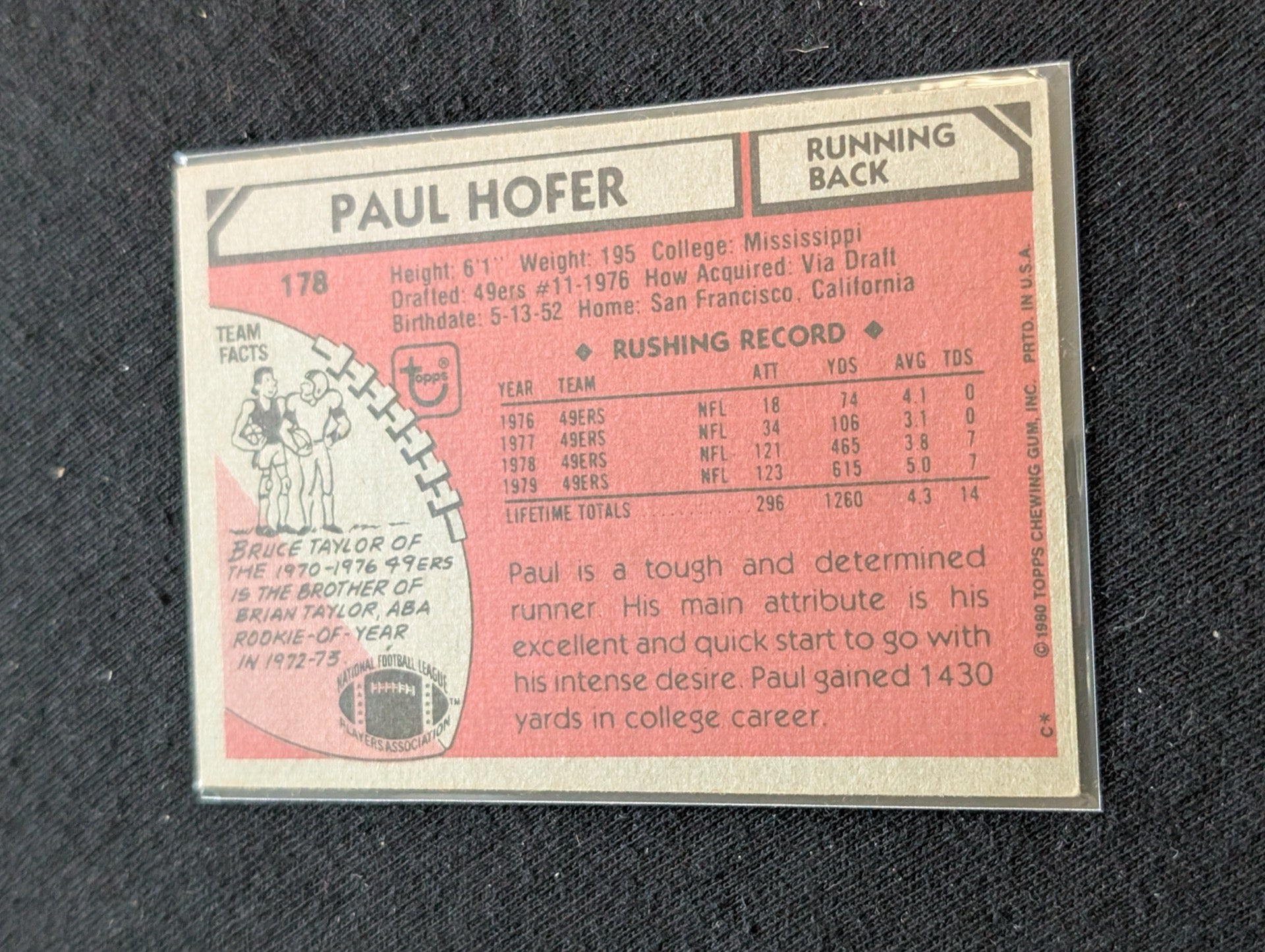 Paul Hofer San Francisco 49ers Vintage Topps Lot (2) 1980 & 1981 RB