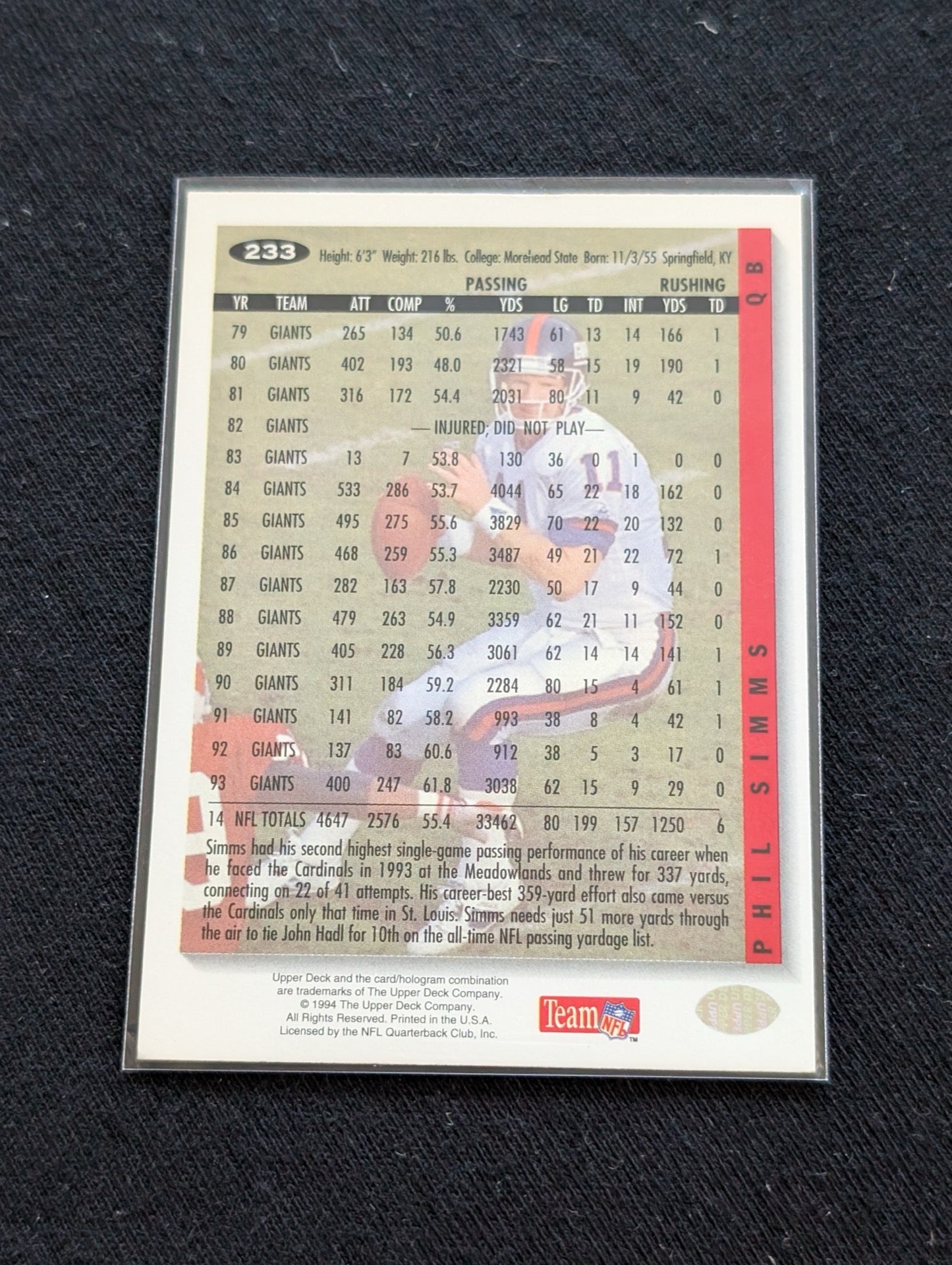 Phil Simms Giants Legend Lot (2) 1990 Topps & 1994 Collector's Choice SB MVP