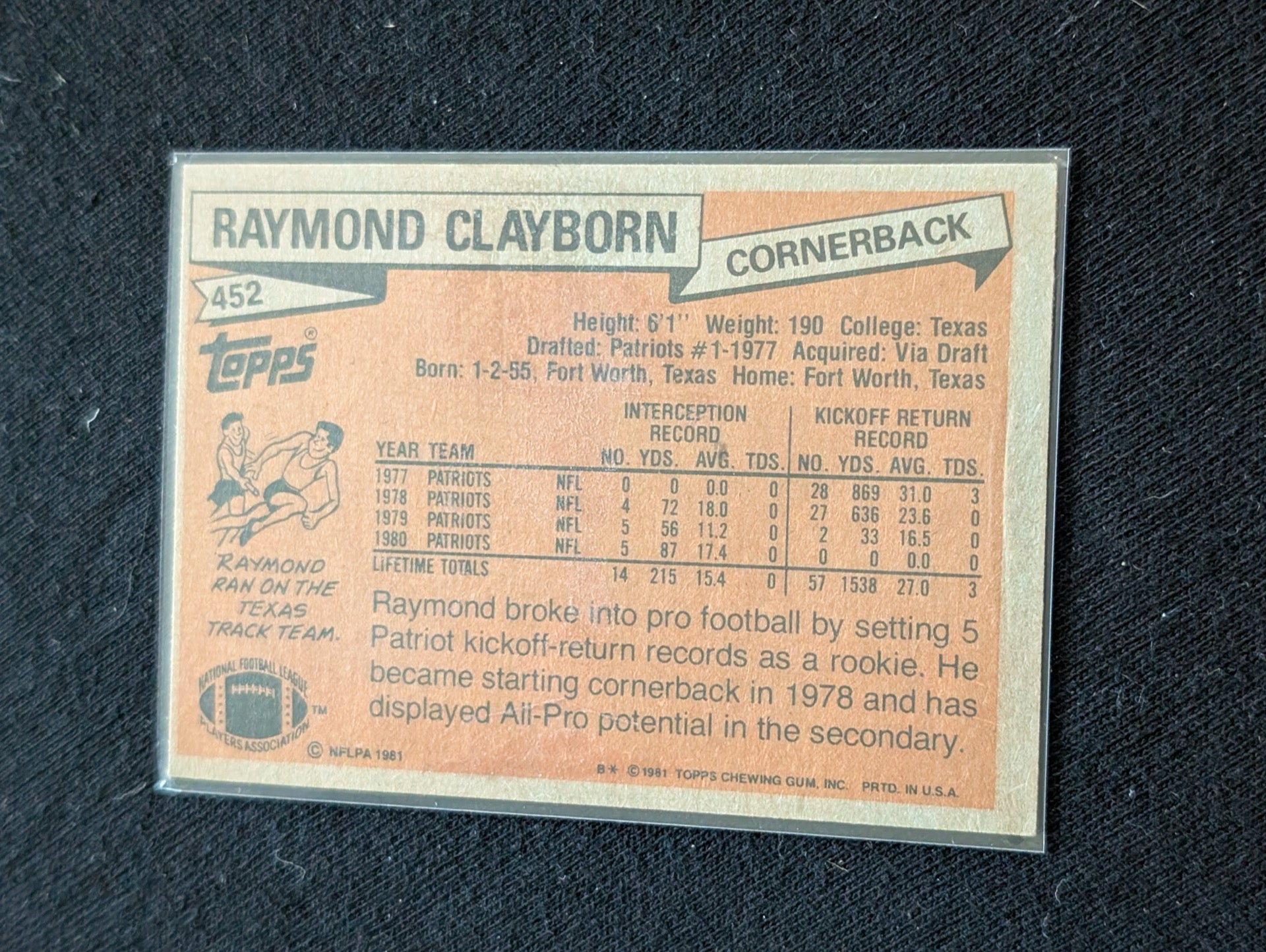 Raymond Clayborn Patriots Legend Vintage Topps Lot (2) 1980 & 1981 Pro Bowl CB