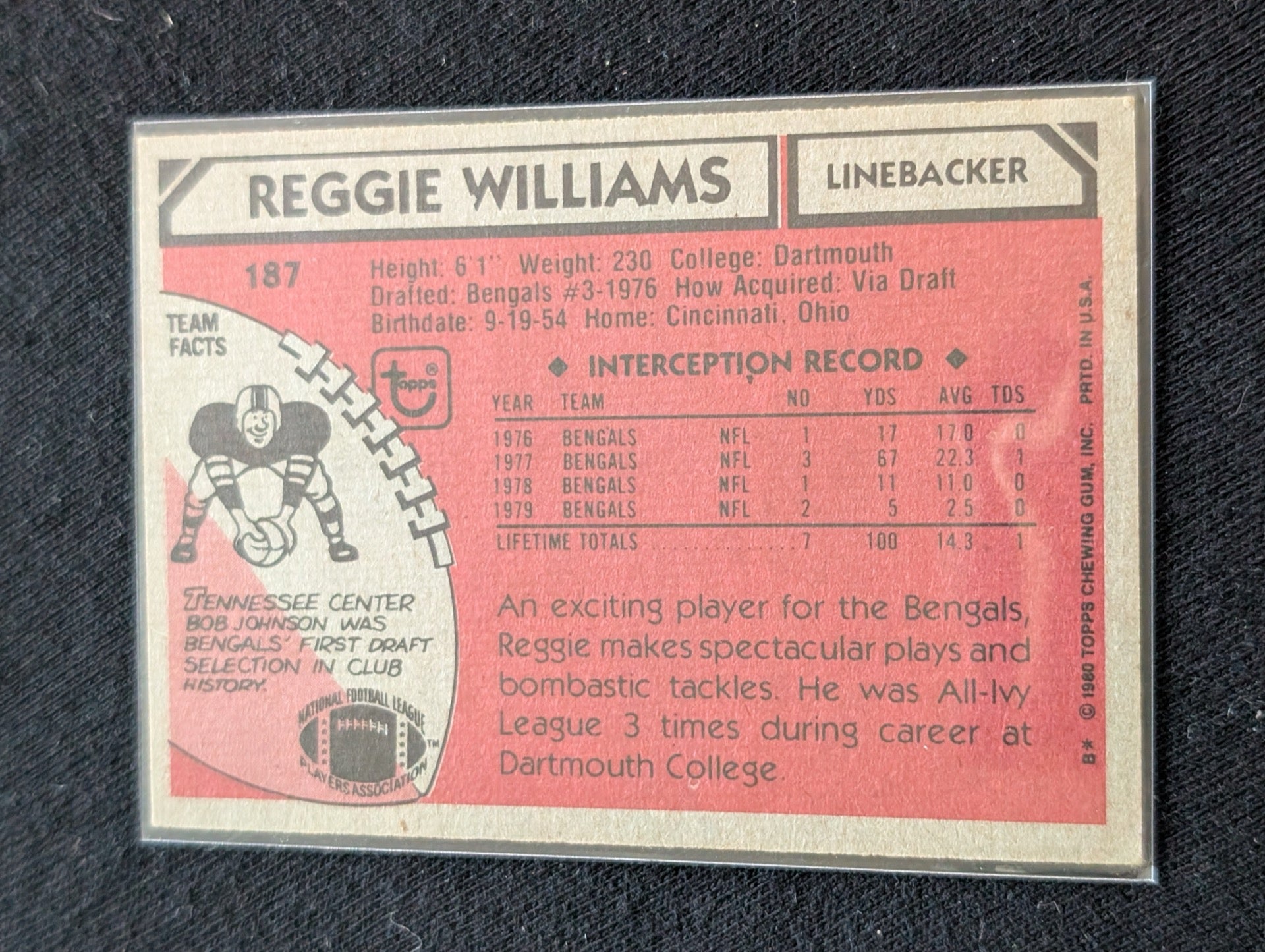 Reggie Williams Bengals Vintage Topps Lot (2) 1980 & 1981 Man of the Year LB