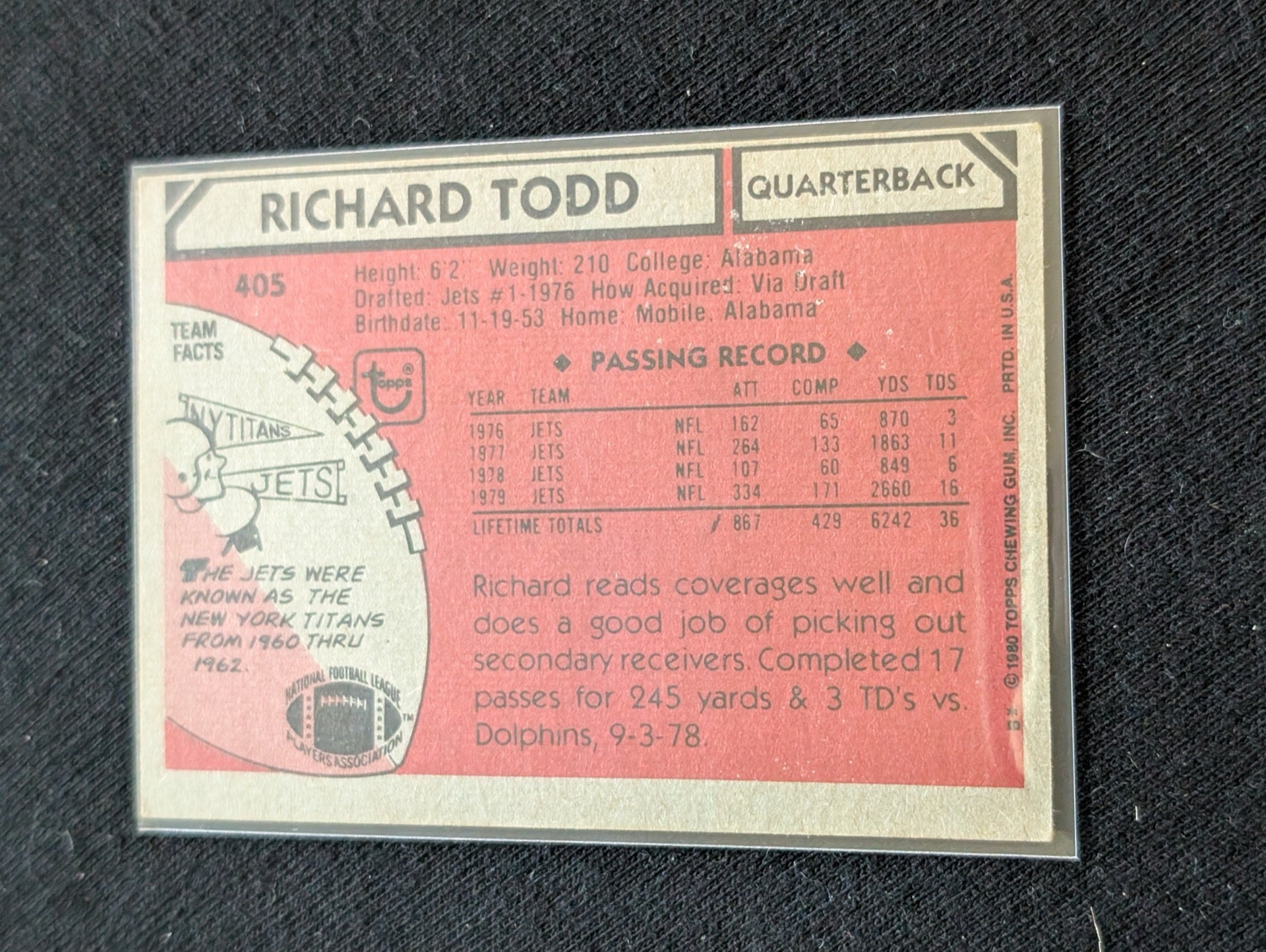 Richard Todd New York Jets QB Vintage Topps Lot (3) 1980 1981 1982 In Action