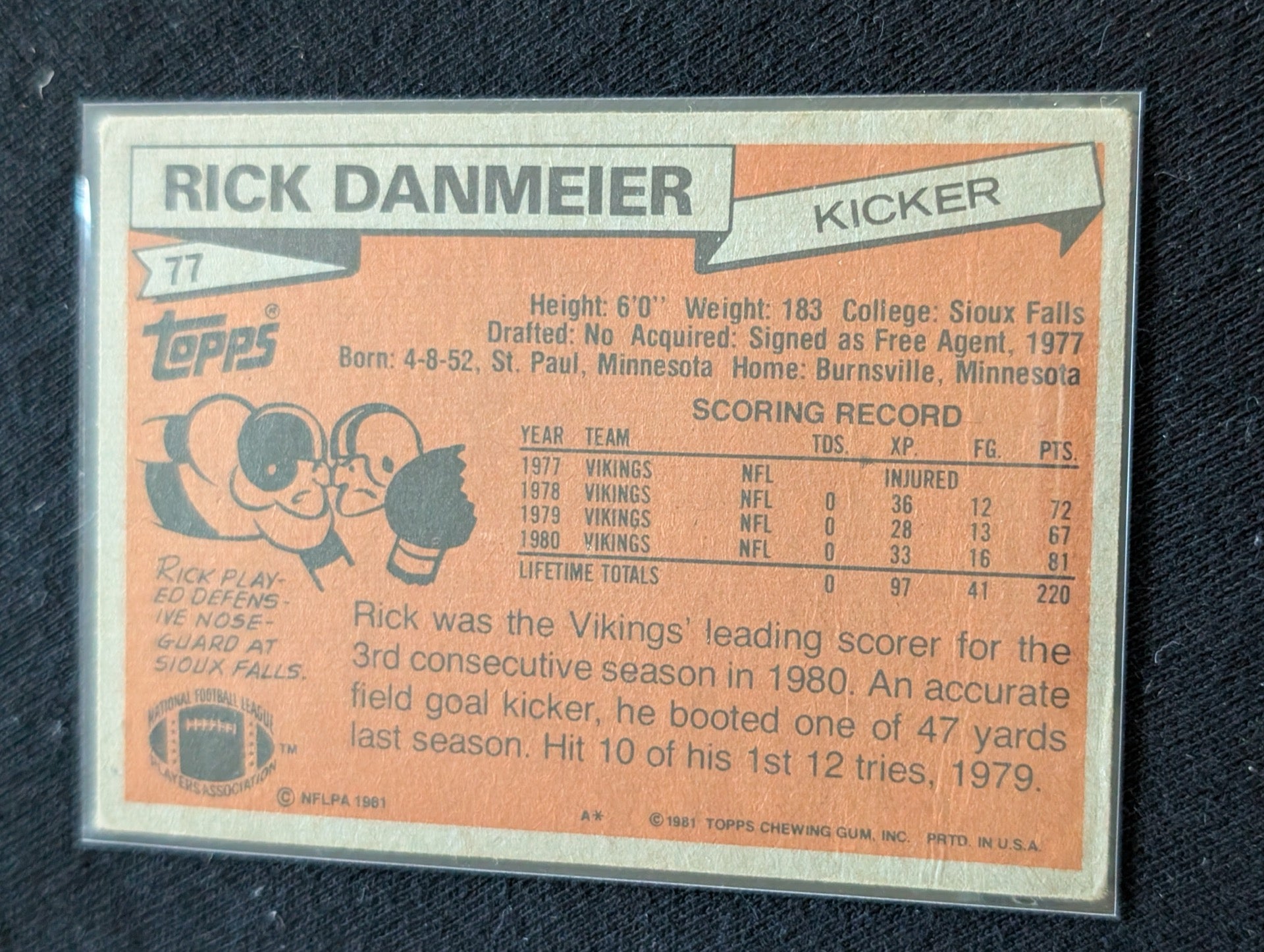 Rick Danmeier Minnesota Vikings Kicker Vintage Topps Lot (2) 1980 & 1981