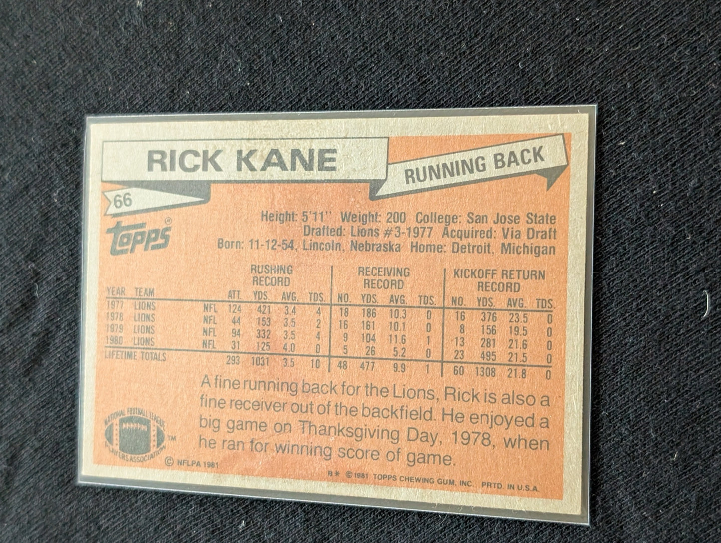 Rick Kane Detroit Lions Vintage Topps Lot (3) 1980 1981 1982 RB