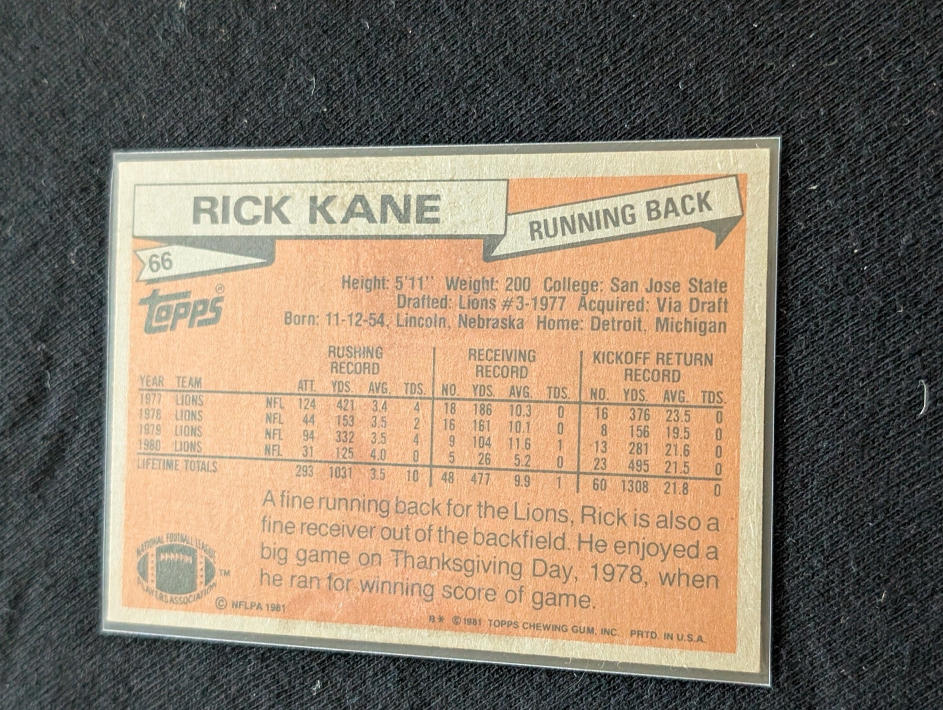 Rick Kane Detroit Lions Vintage Topps Lot (3) 1980 1981 1982 RB