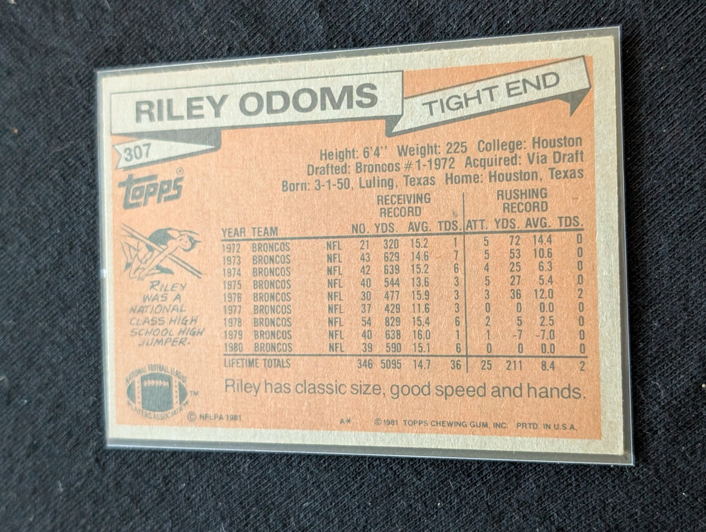 Riley Odoms Broncos Legend Vintage Topps Lot (2) 1980 & 1981 4x Pro Bowl TE