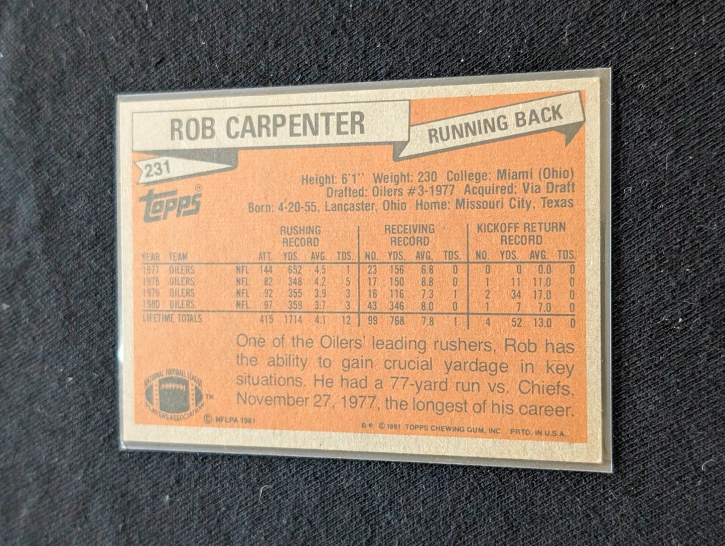 Rob Carpenter Houston Oilers Vintage Topps Lot (2) 1980 & 1981 RB