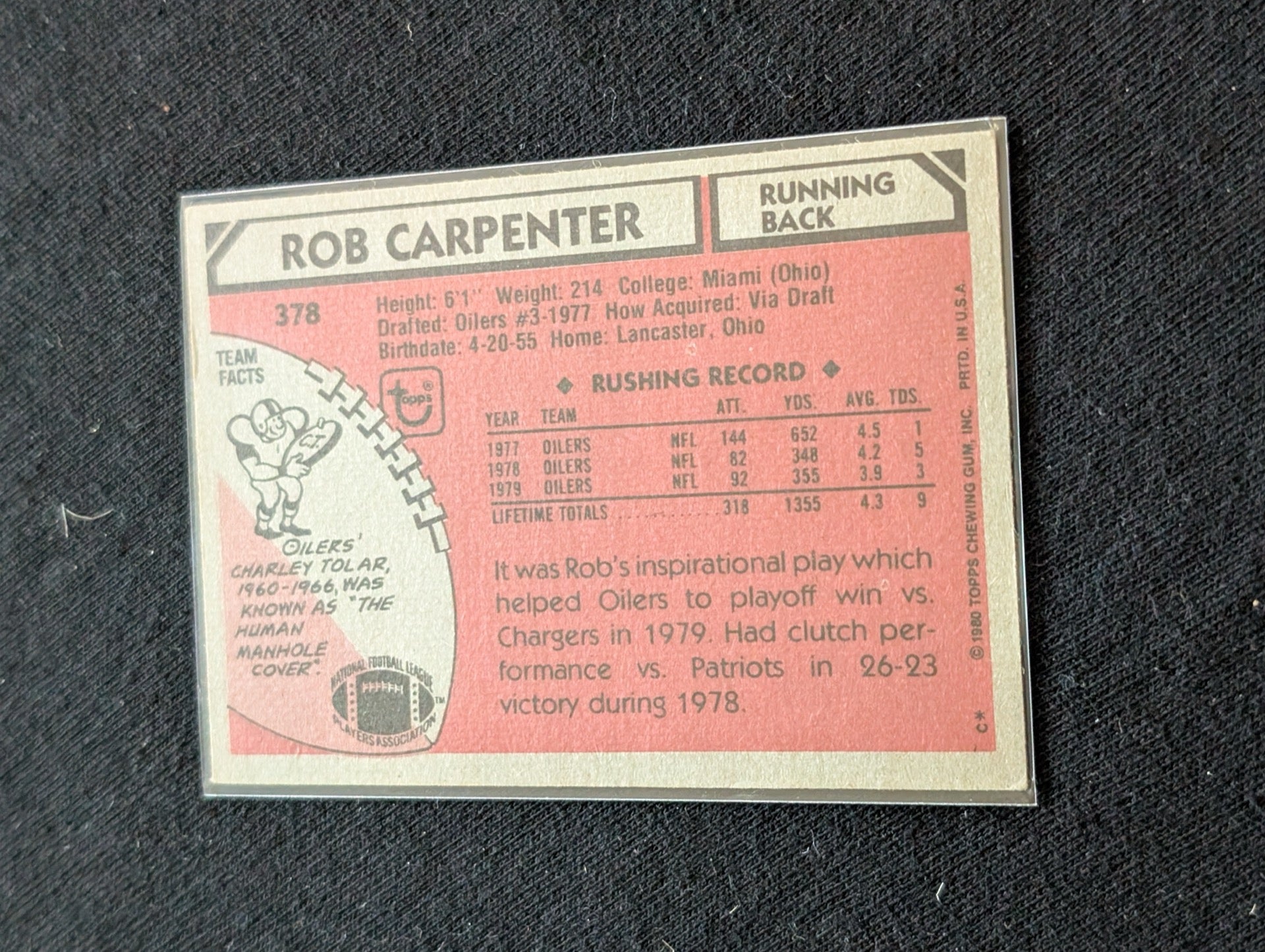 Rob Carpenter Houston Oilers Vintage Topps Lot (2) 1980 & 1981 RB