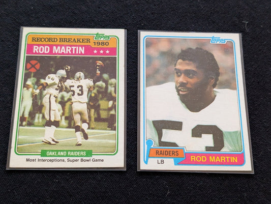 Rod Martin Raiders Legend Vintage Lot (2) 1981 Topps & Record Breaker SB INTs