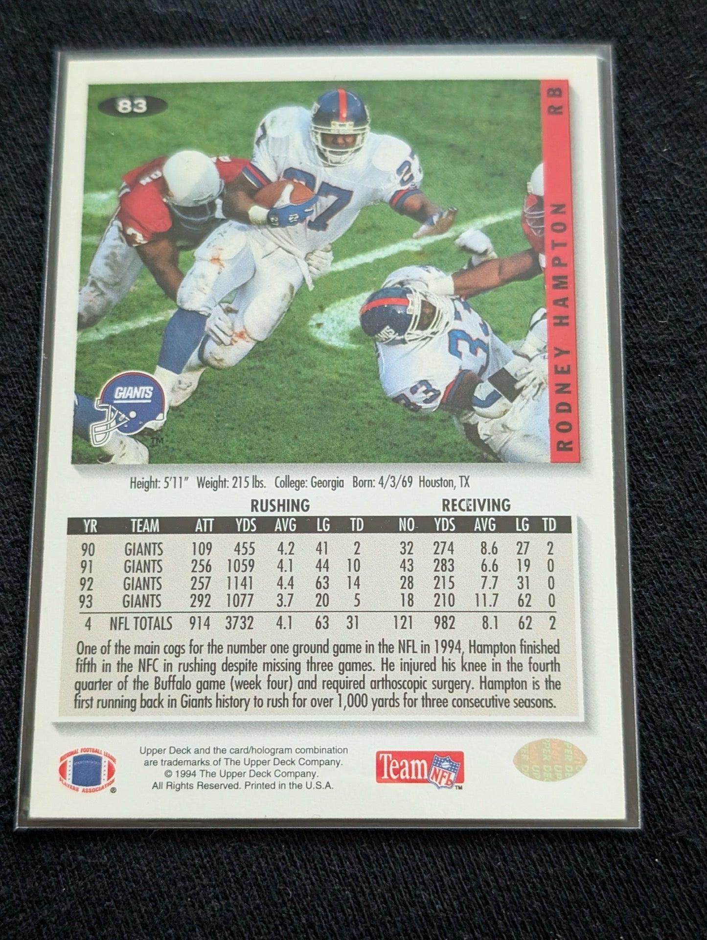 Rodney Hampton Giants Pro Bowl RB Lot (4) 1990 Topps RC, 94 UD Playoff