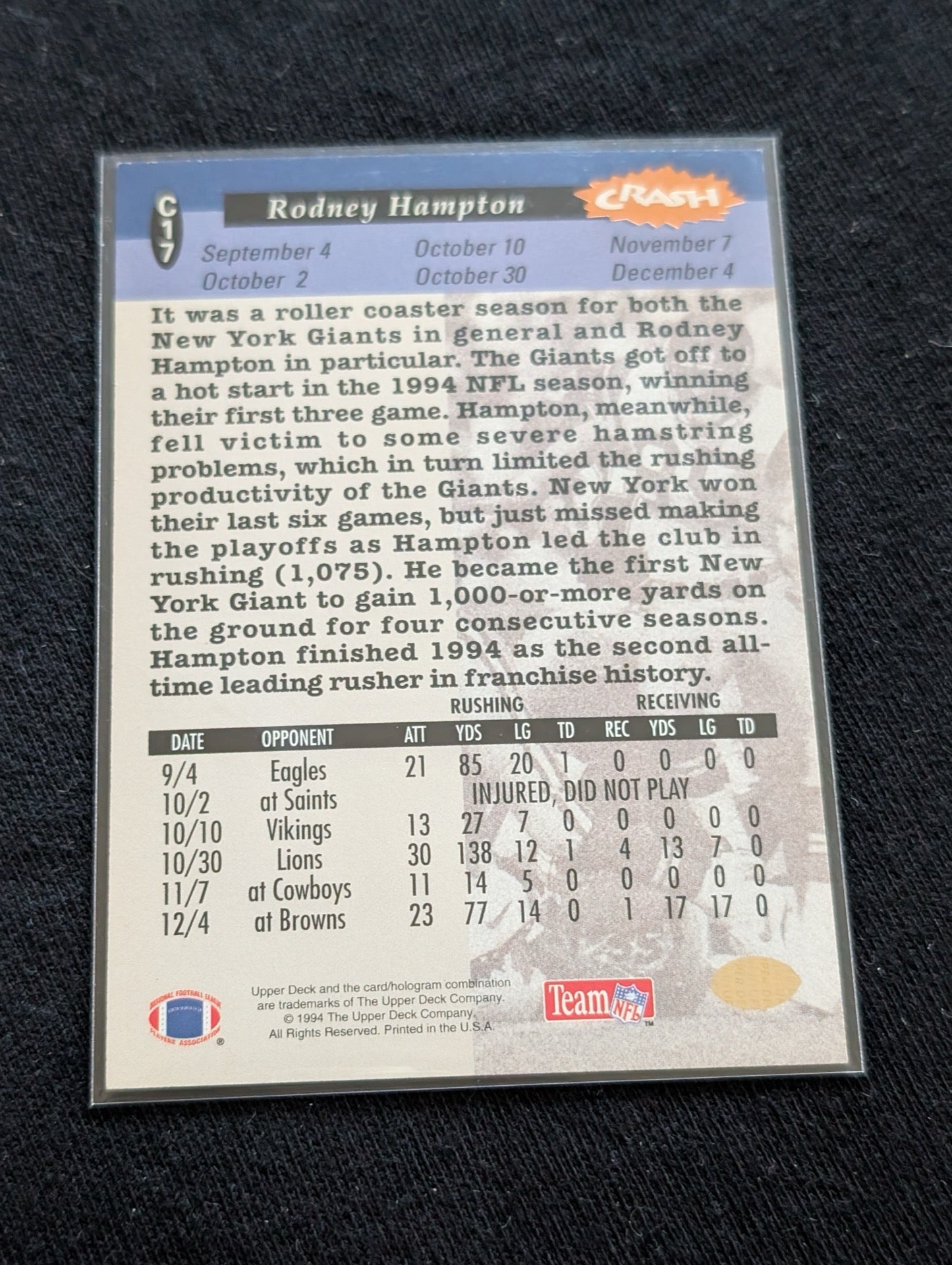 Rodney Hampton Giants Pro Bowl RB Lot (4) 1990 Topps RC, 94 UD Playoff