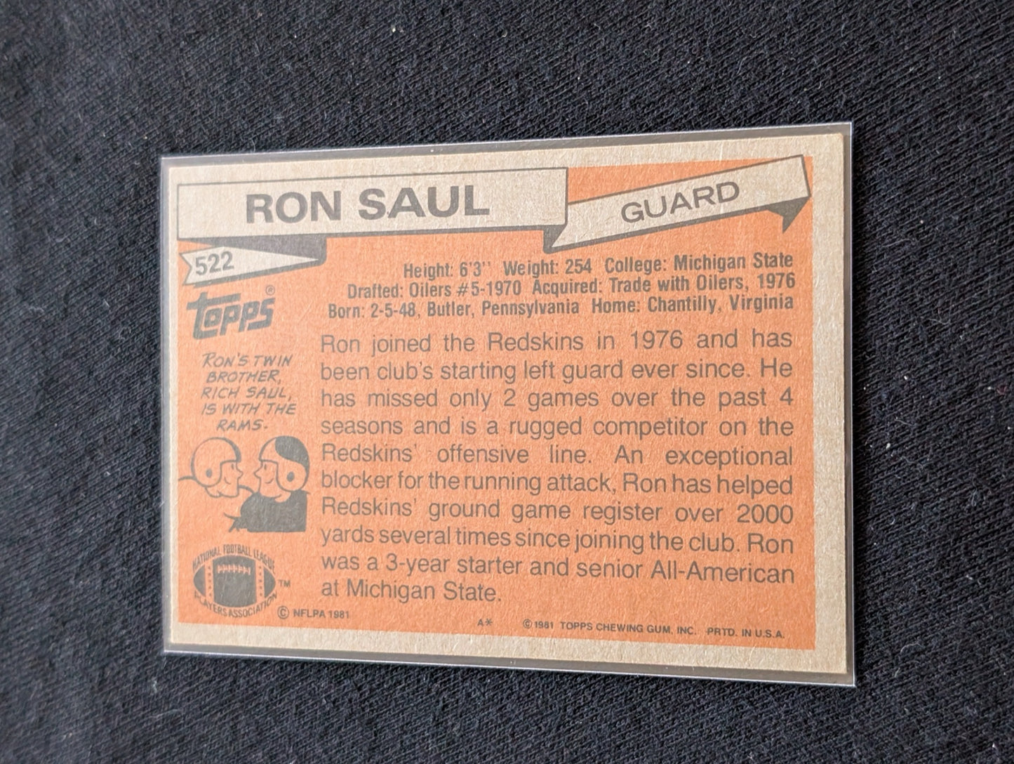 Ron Saul Washington Redskins Vintage Topps Lot (2) 1980 & 1981 Guard