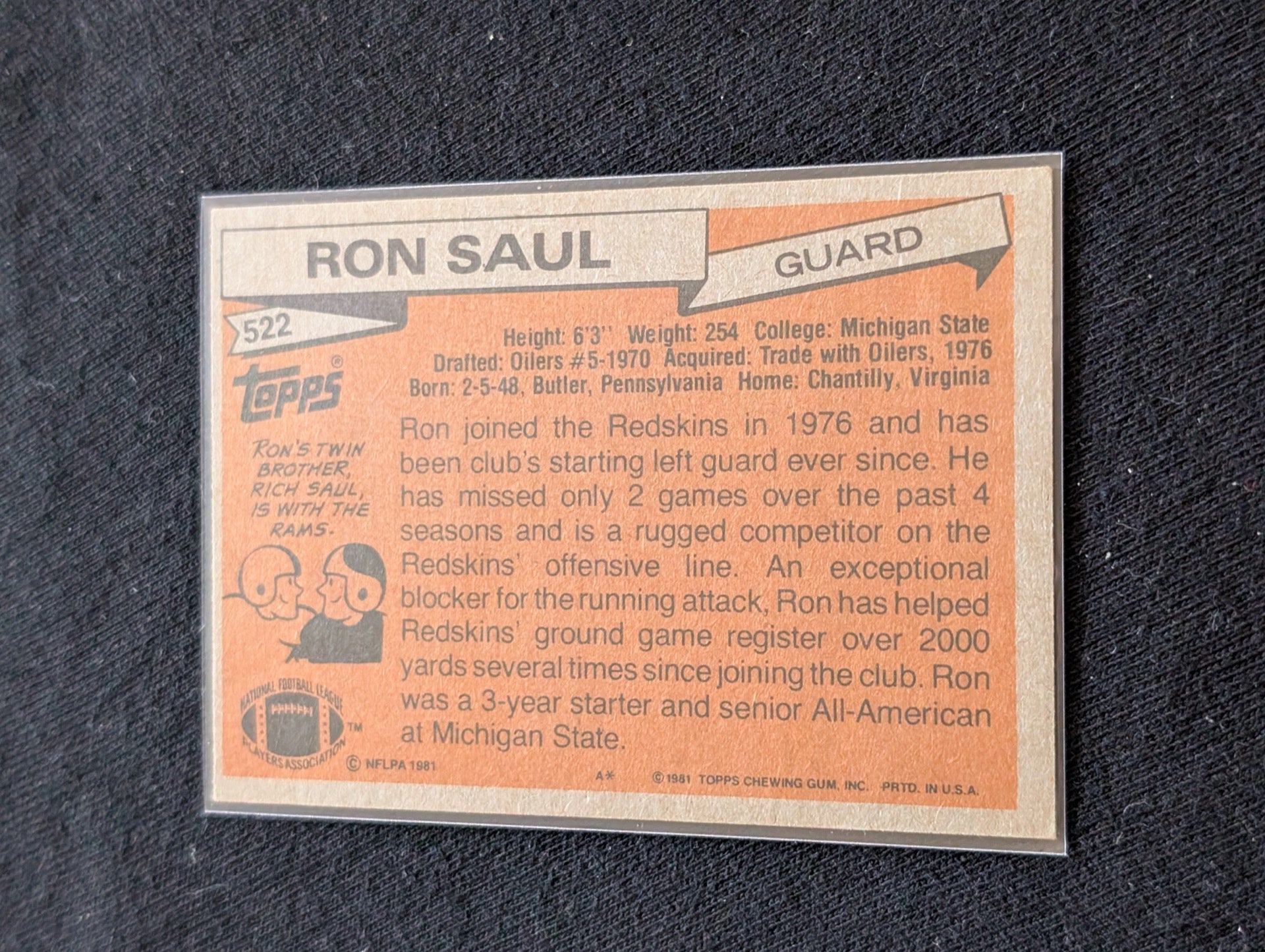 Ron Saul Washington Redskins Vintage Topps Lot (2) 1980 & 1981 Guard