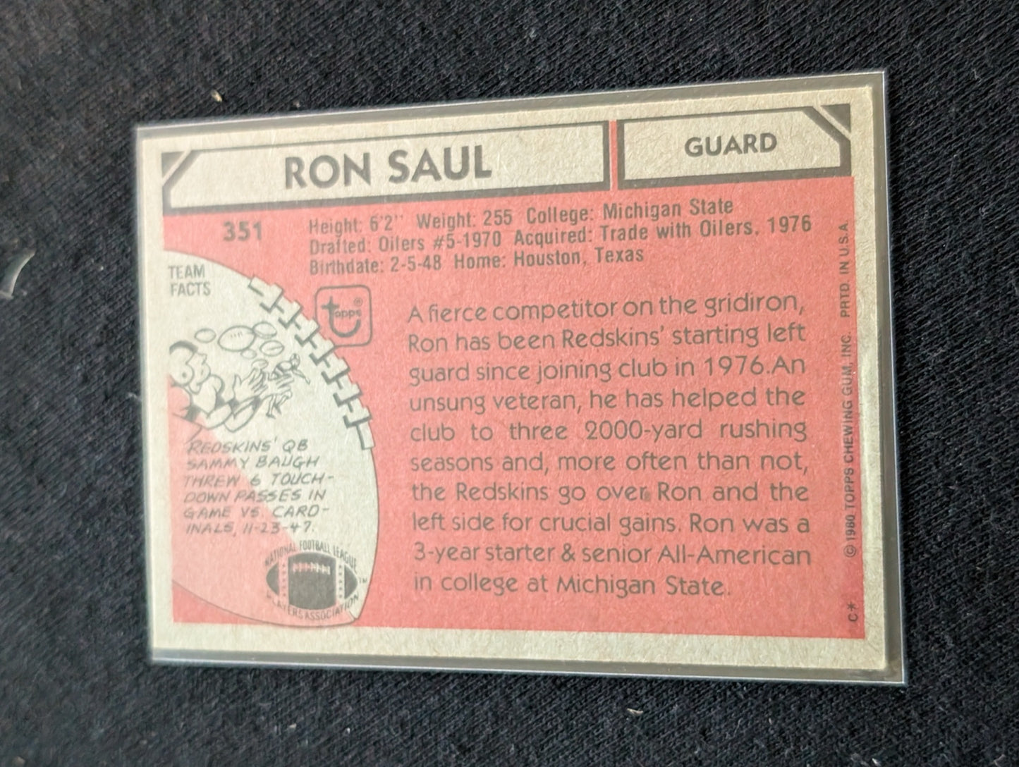 Ron Saul Washington Redskins Vintage Topps Lot (2) 1980 & 1981 Guard