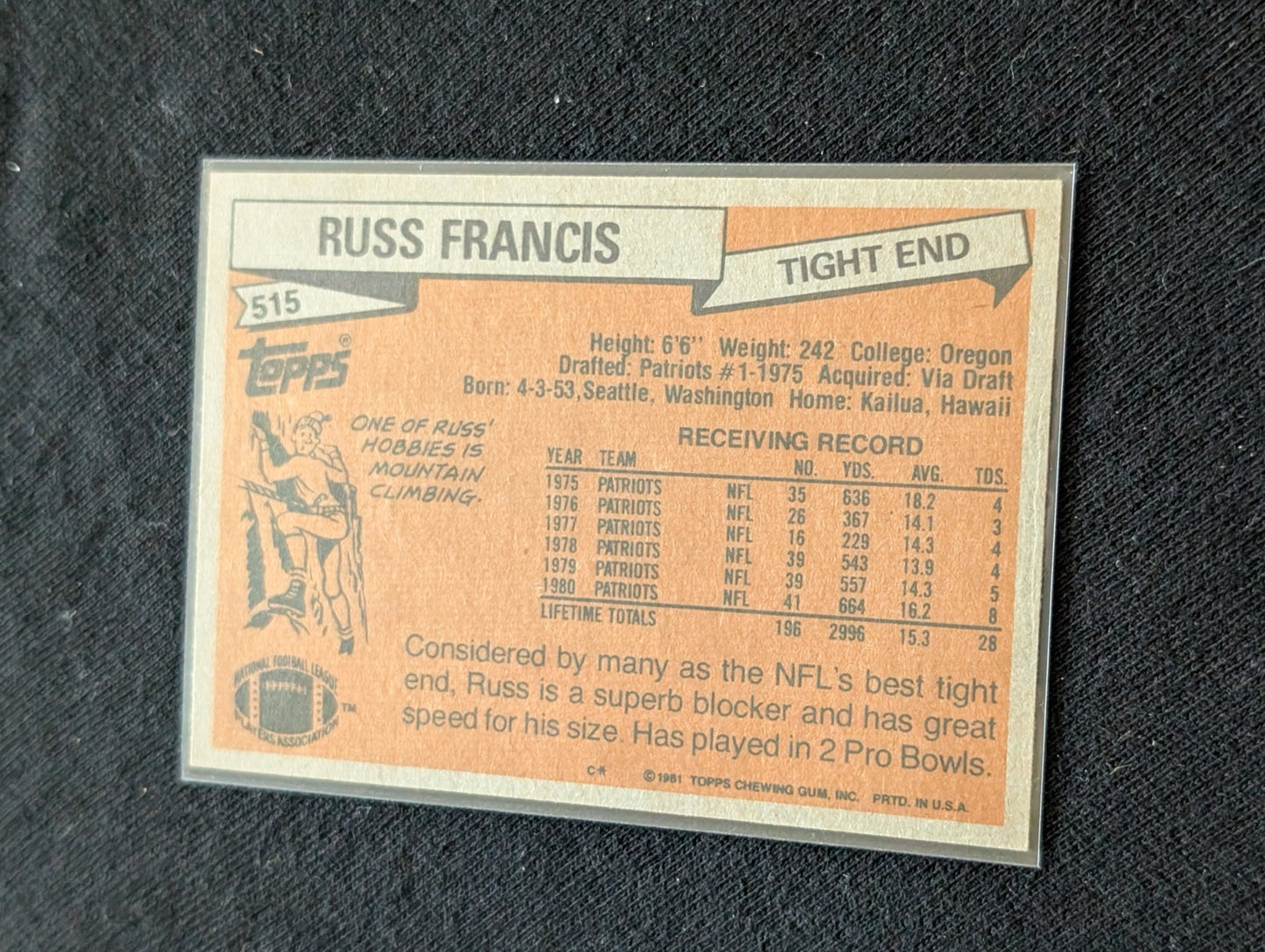 Russ Francis Patriots Vintage Topps Lot (2) 1980 & 1981 Pro Bowl TE