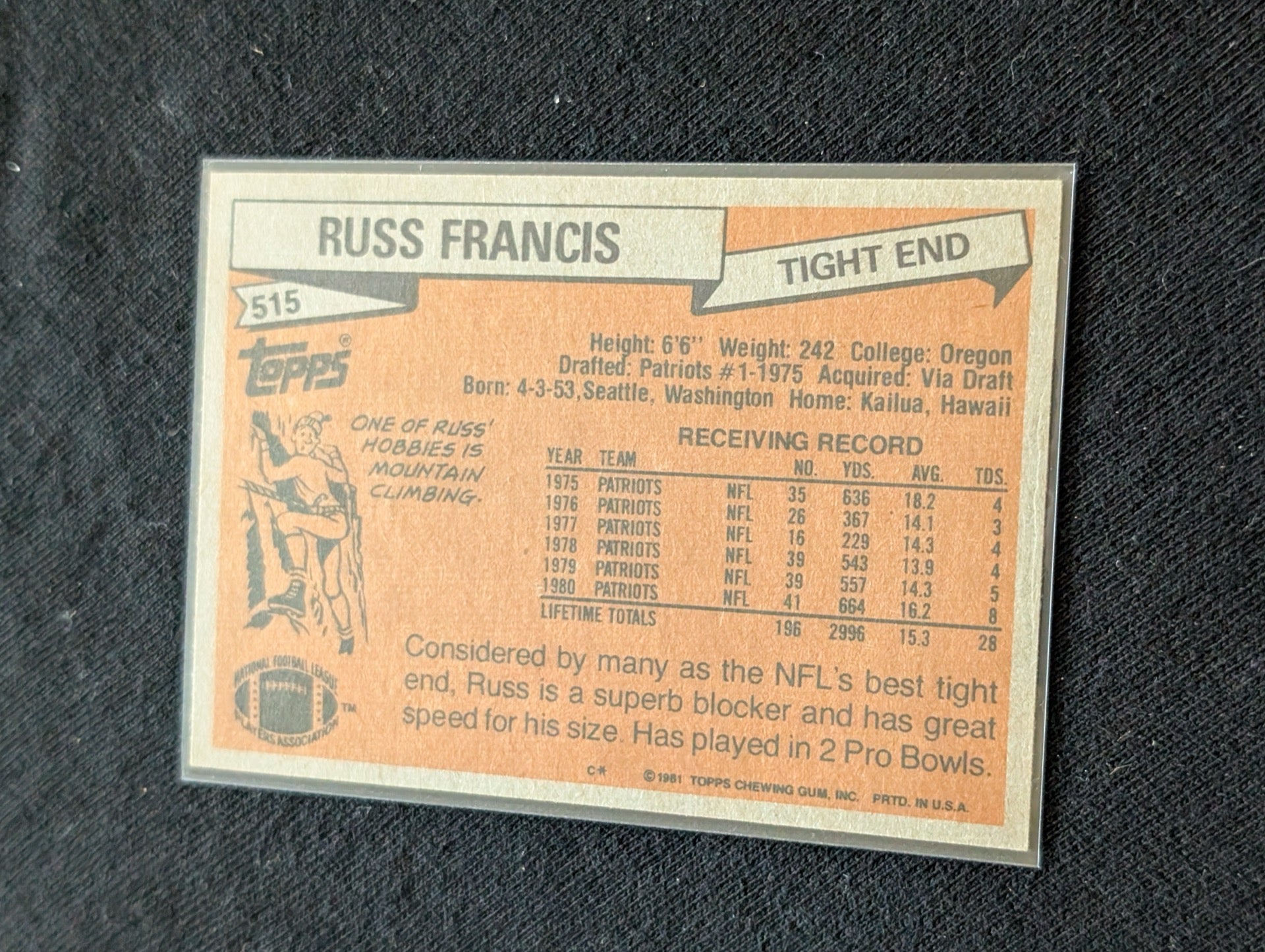 Russ Francis Patriots Vintage Topps Lot (2) 1980 & 1981 Pro Bowl TE