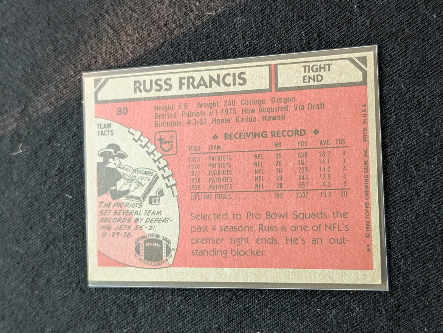 Russ Francis Patriots Vintage Topps Lot (2) 1980 & 1981 Pro Bowl TE