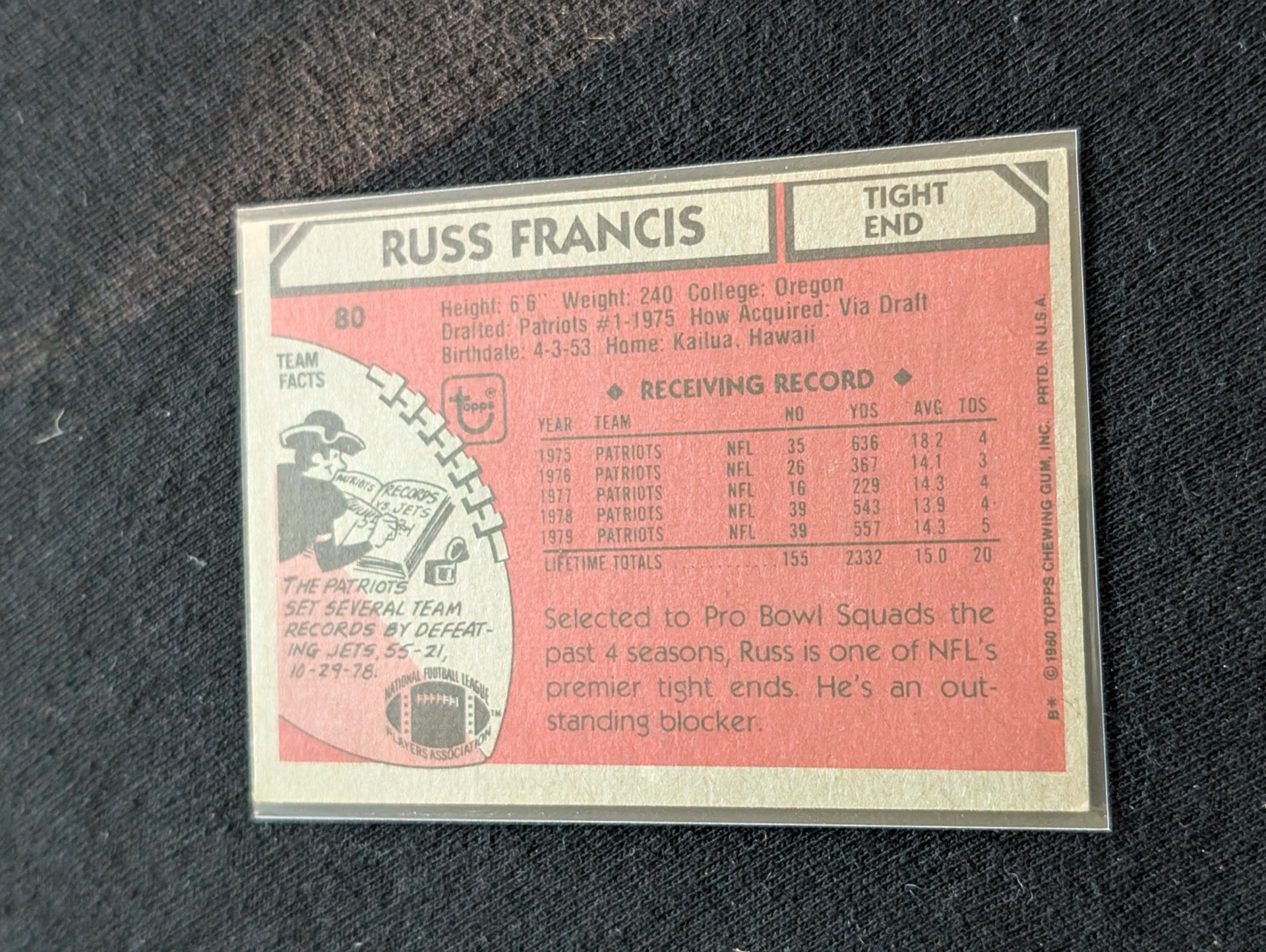 Russ Francis Patriots Vintage Topps Lot (2) 1980 & 1981 Pro Bowl TE