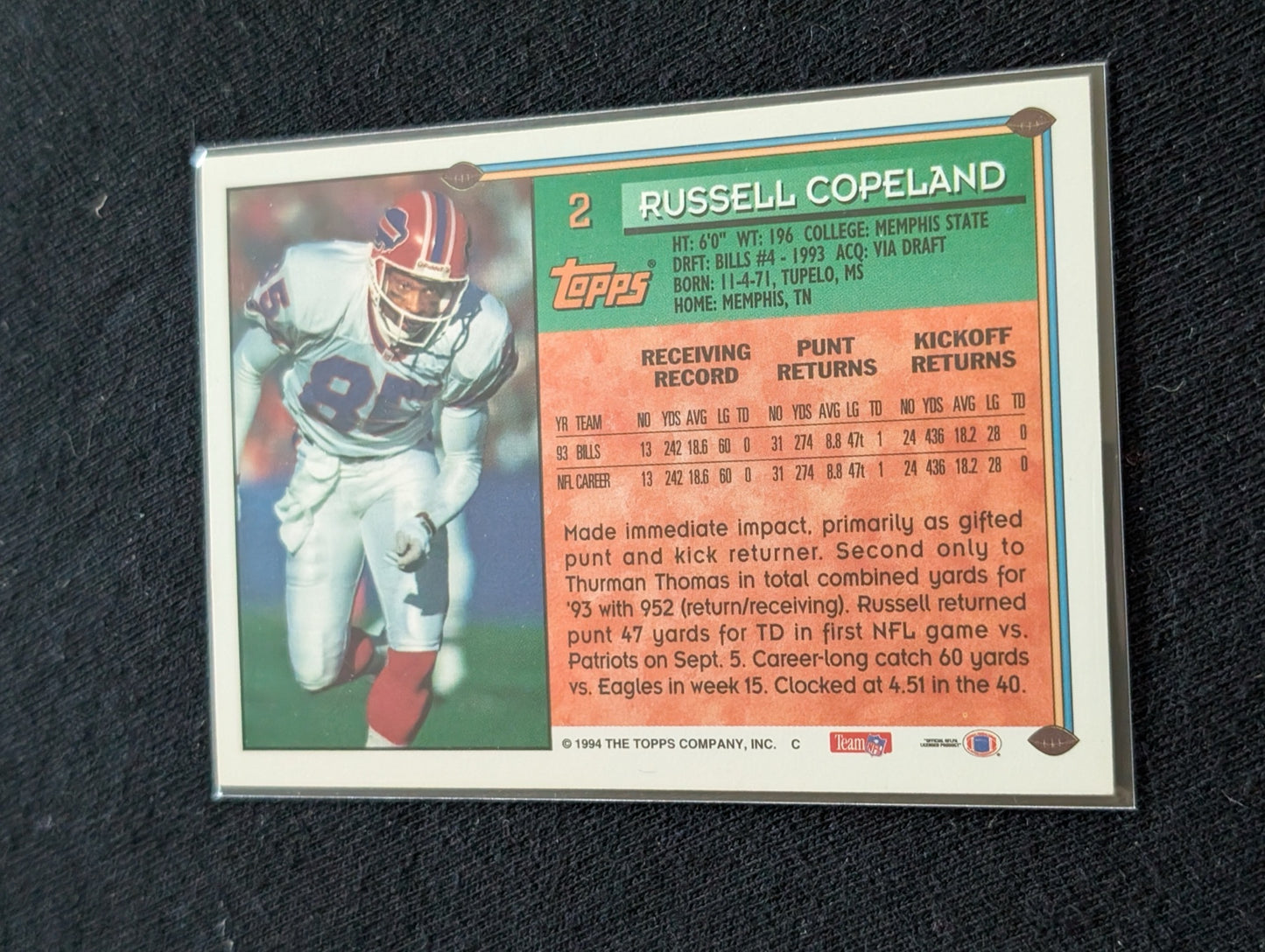 Russell Copeland Bills WR/KR Lot (2) 1996 Topps & 1994 Collector's Choice