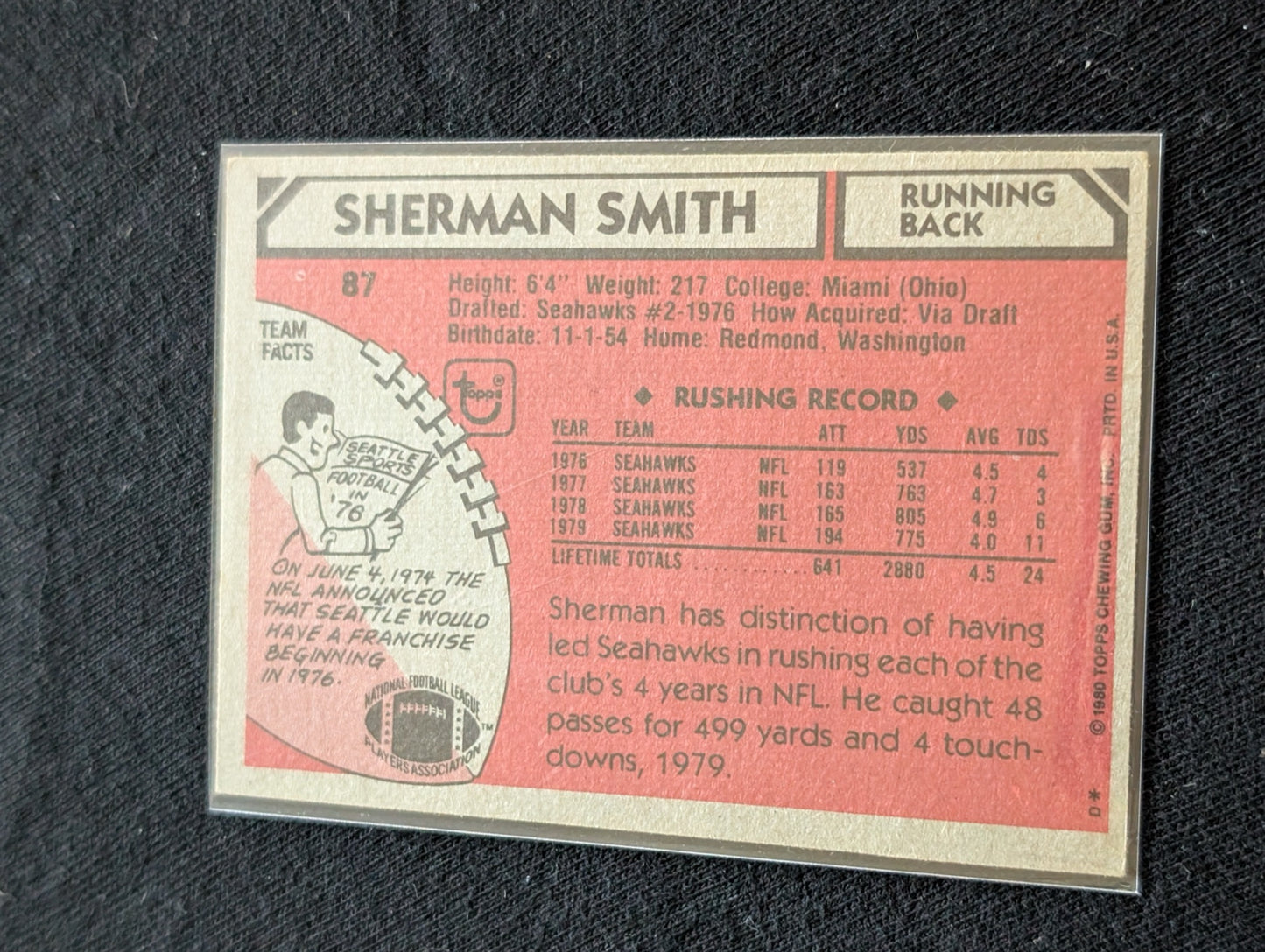Sherman Smith Seahawks Vintage Topps Lot (2) 1980 & 1981 Original Seahawk