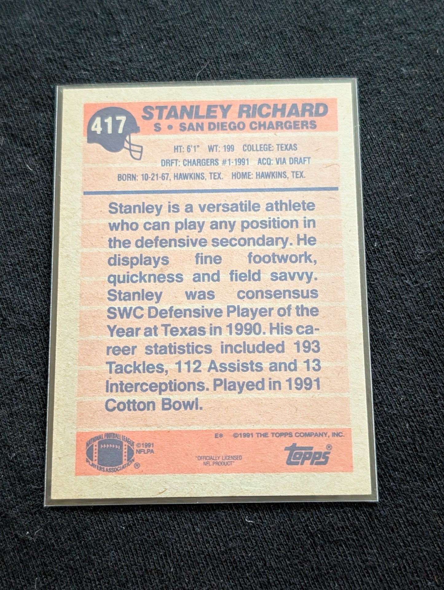 Stanley Richard Chargers Safety Rookie Lot (2) 1991 Topps Draft Pick & Pro Set