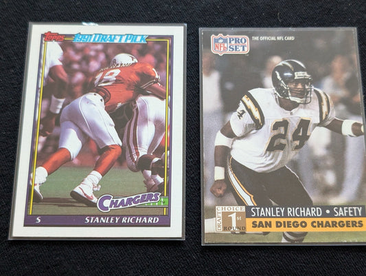 Stanley Richard Chargers Safety Rookie Lot (2) 1991 Topps & Pro Set 1st Round