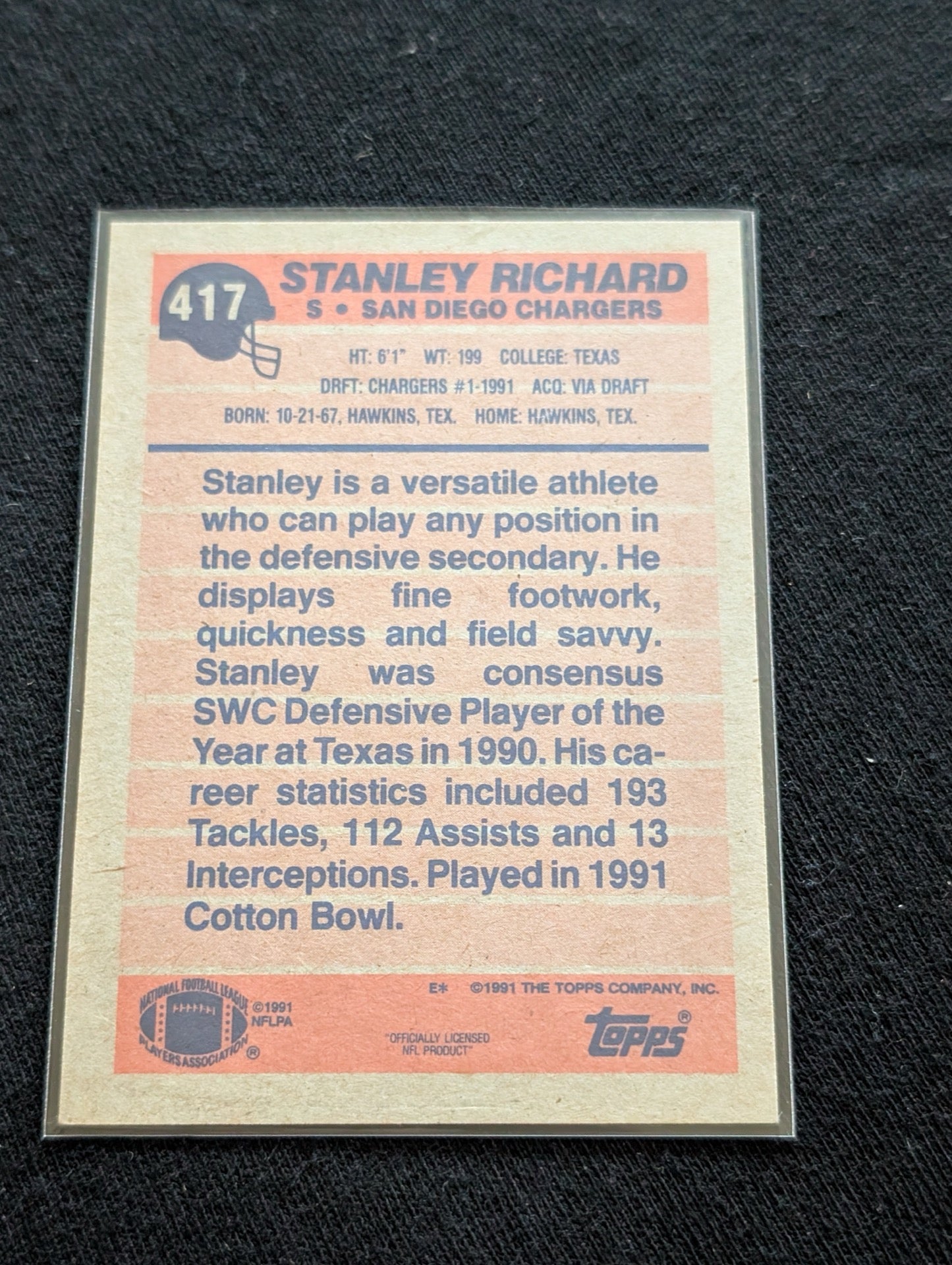 Stanley Richard Chargers Safety Rookie Lot (2) 1991 Topps & Pro Set 1st Round