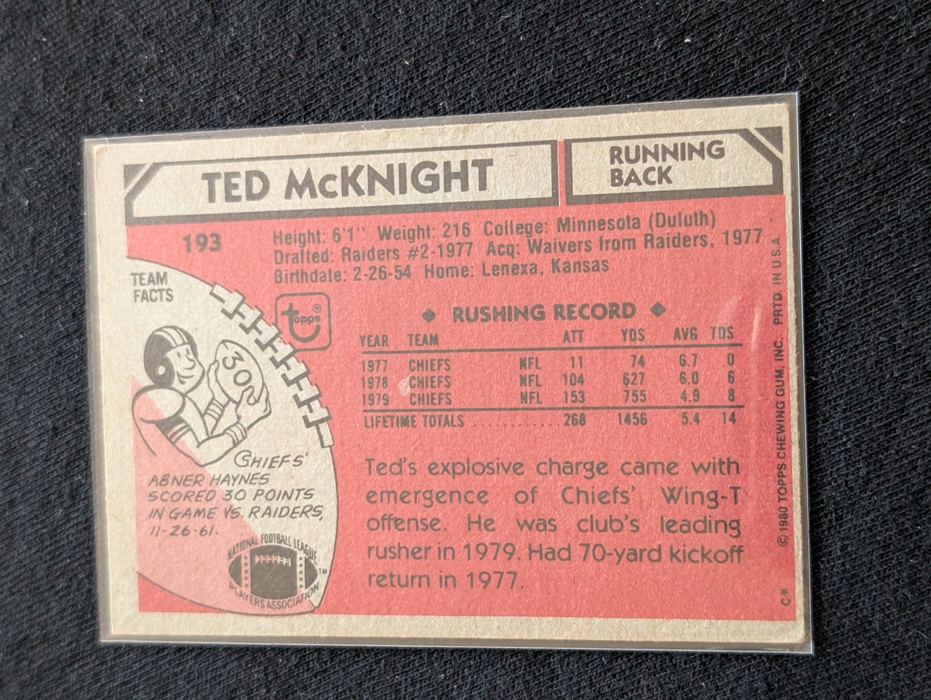 Ted McKnight Kansas City Chiefs Vintage Topps Lot (2) 1980 & 1981 RB