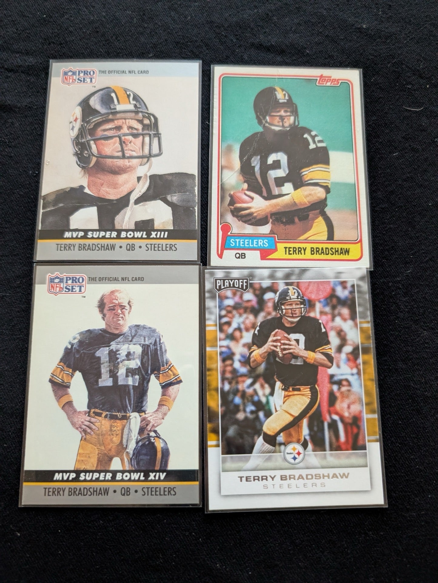 Terry Bradshaw HOF Steelers Legend Lot (4) 1981 Topps, Pro Set MVP, Playoff