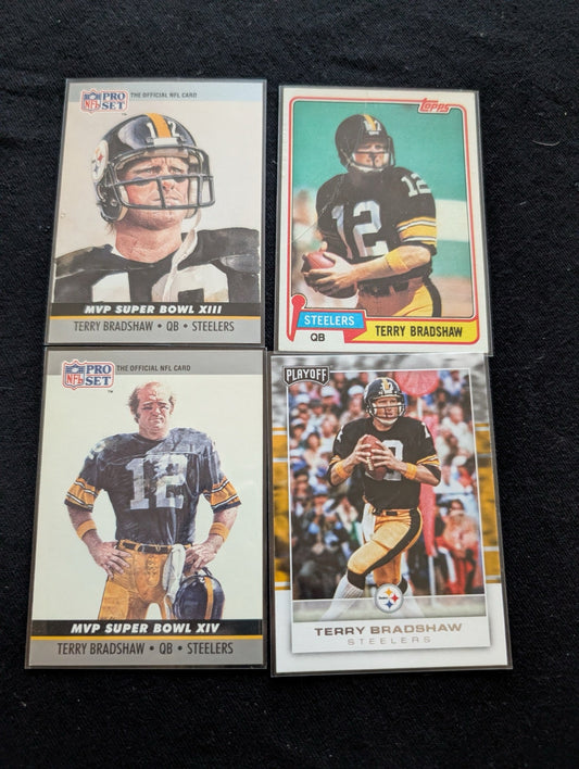 Terry Bradshaw HOF Steelers Legend Lot (4) 1981 Topps, Pro Set MVP, Playoff