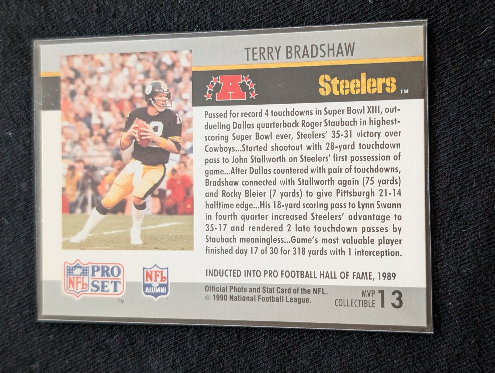 Terry Bradshaw HOF Steelers Legend Lot (4) 1981 Topps, Pro Set MVP, Playoff