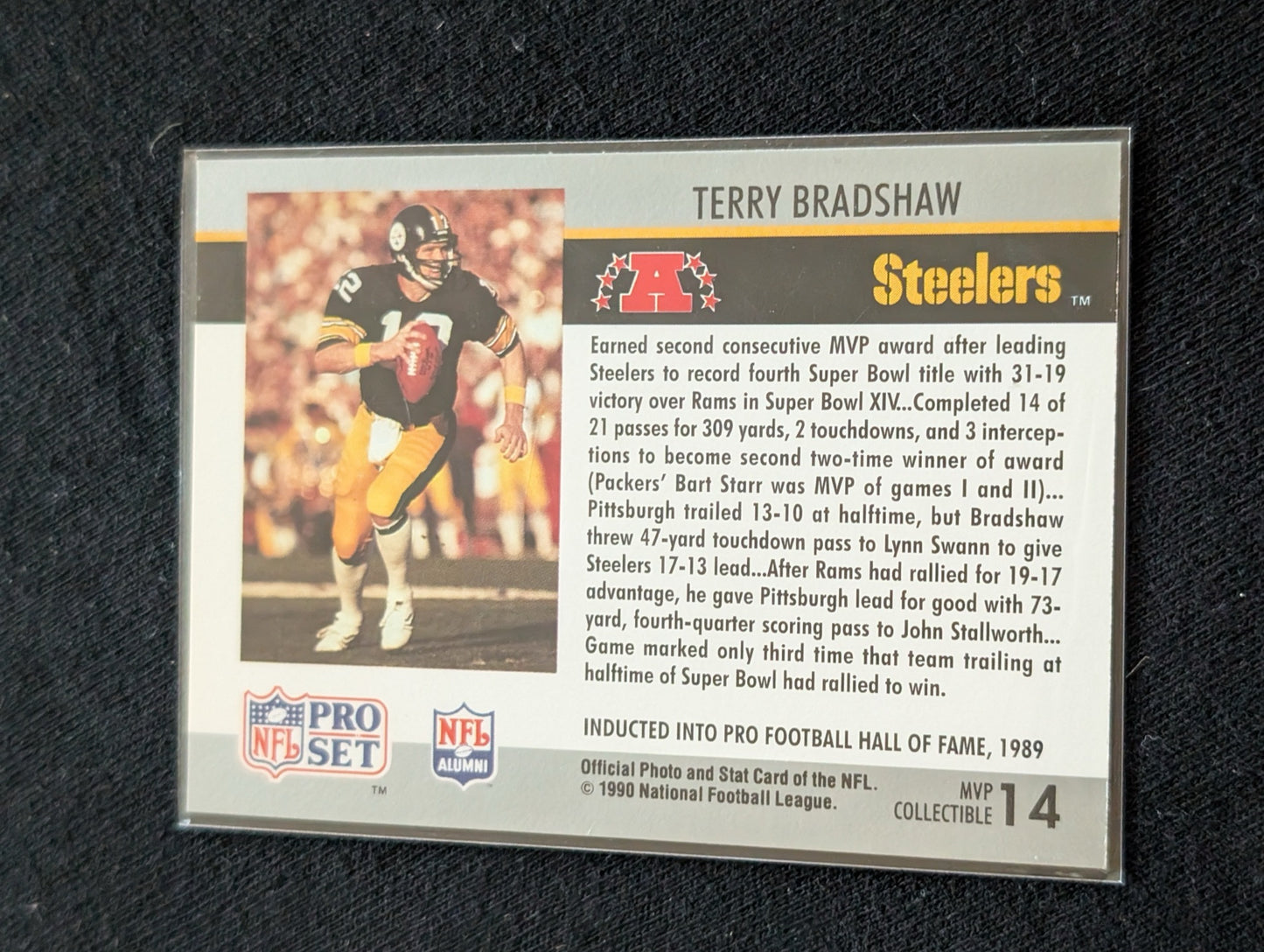 Terry Bradshaw HOF Steelers Legend Lot (4) 1981 Topps, Pro Set MVP, Playoff