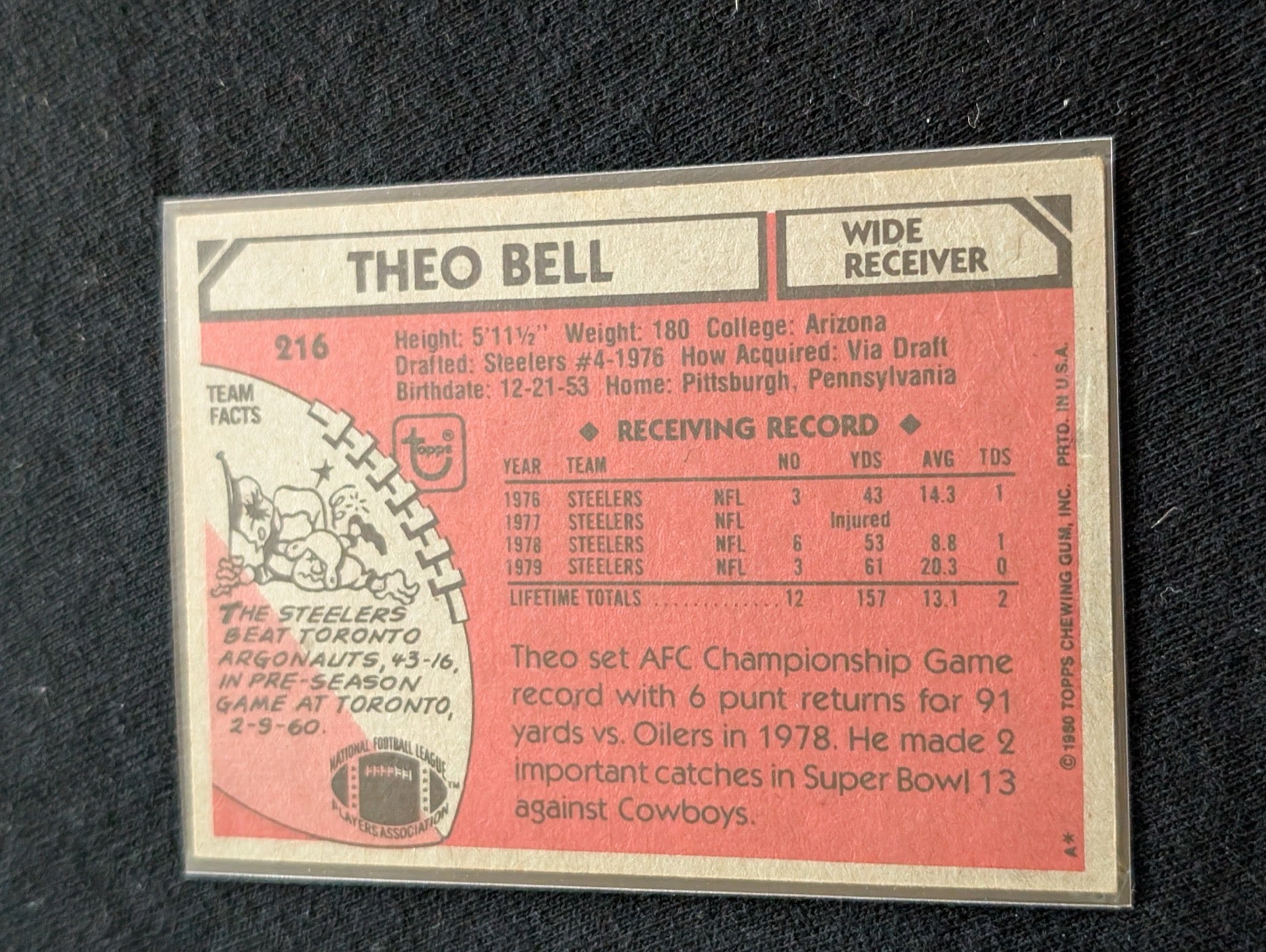 Theo Bell Steelers WR Vintage Topps Lot (2) 1980 & 1981 2x Super Bowl Champ