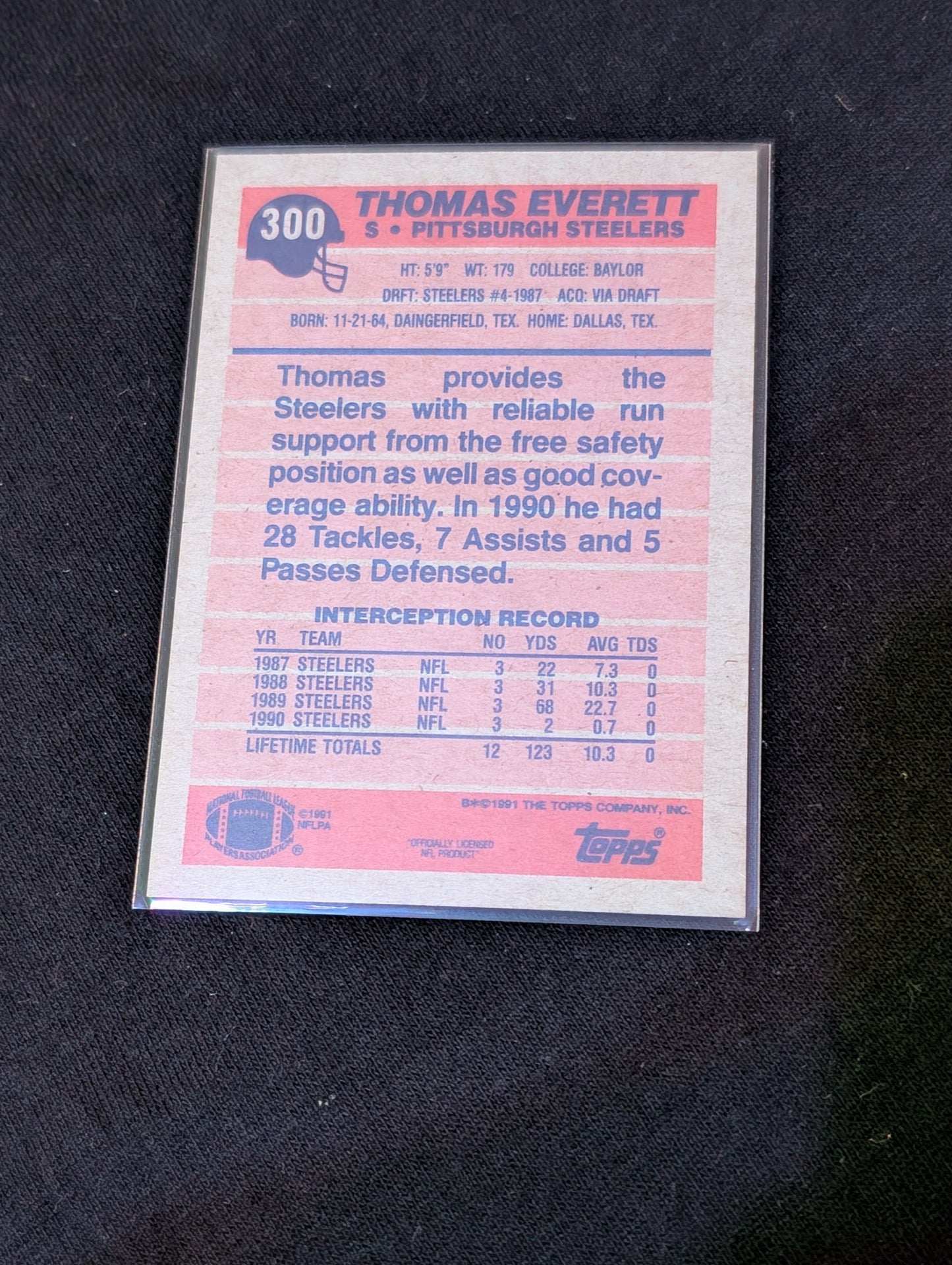 Thomas Everett Steelers Safety Lot (4) 1990-1991 Topps Pro Set Pro Bowler