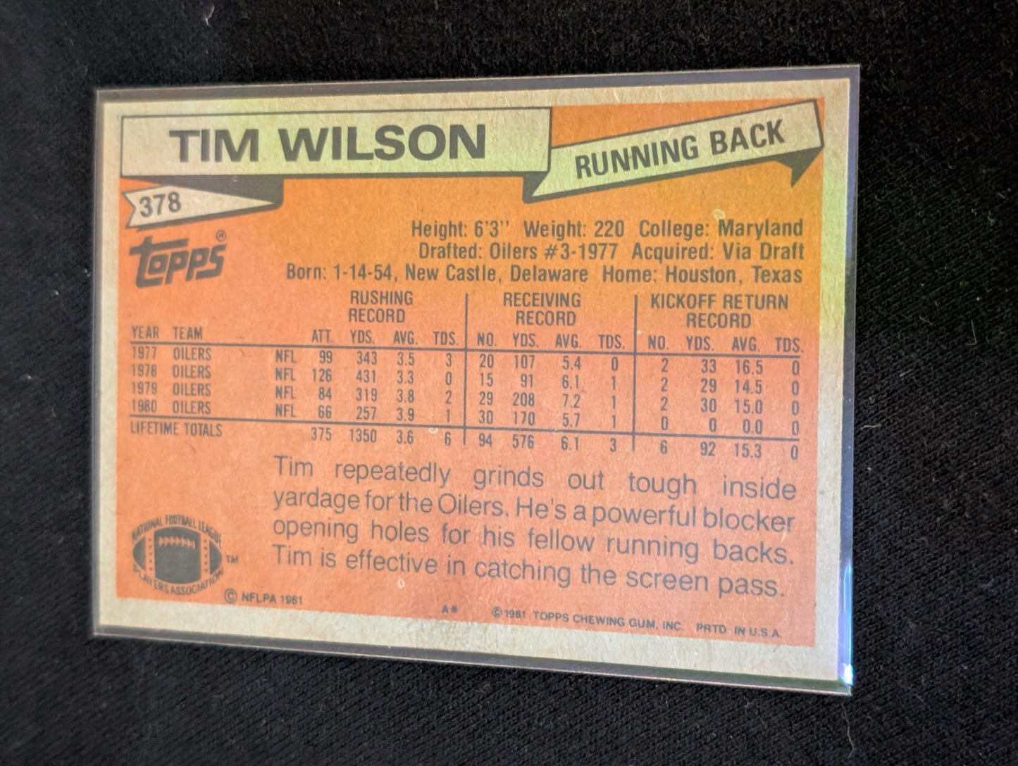 Tim Wilson Houston Oilers Vintage Topps Lot (2) 1980 & 1981 FB "Luv Ya Blue"