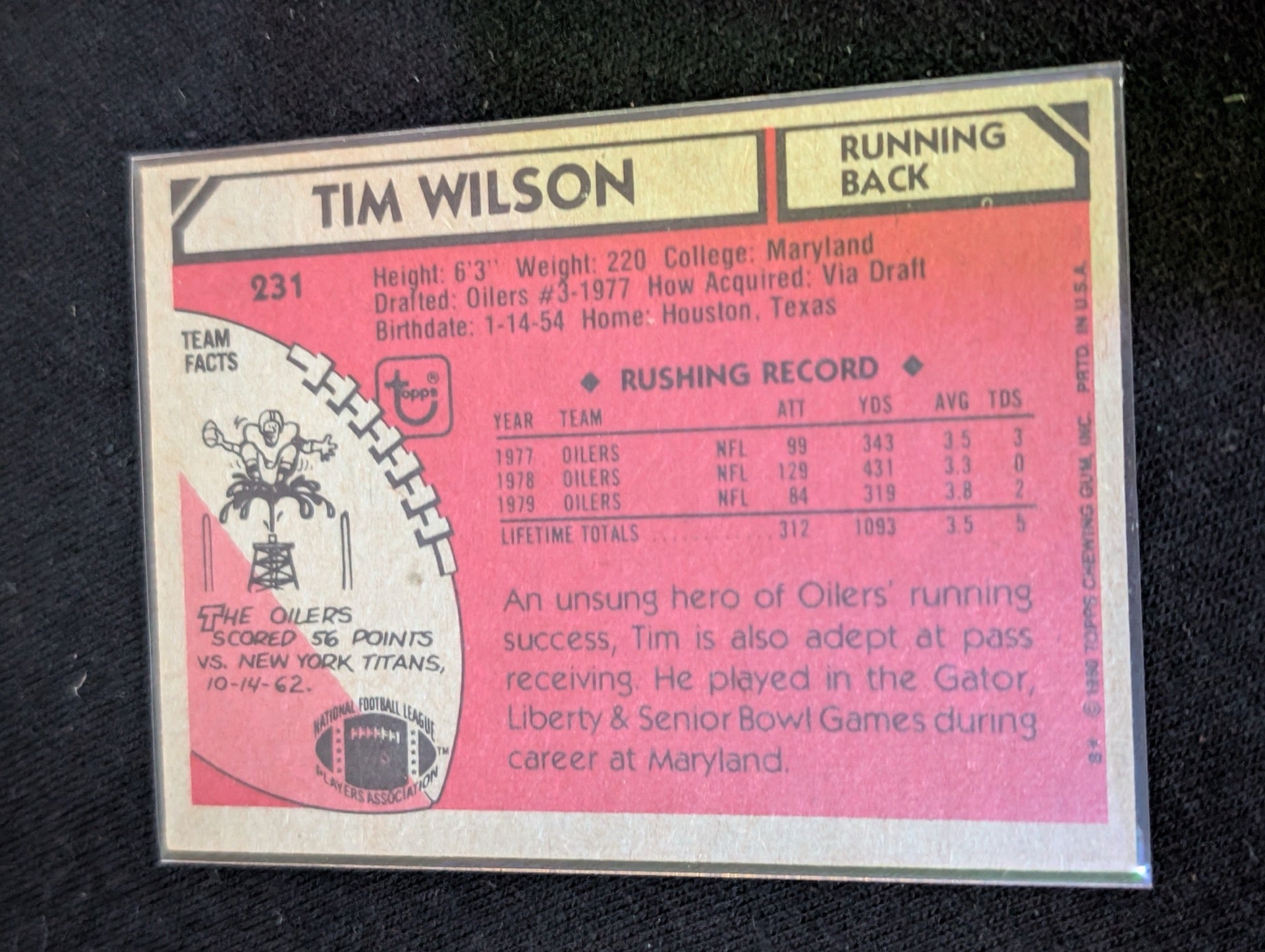 Tim Wilson Houston Oilers Vintage Topps Lot (2) 1980 & 1981 FB "Luv Ya Blue"