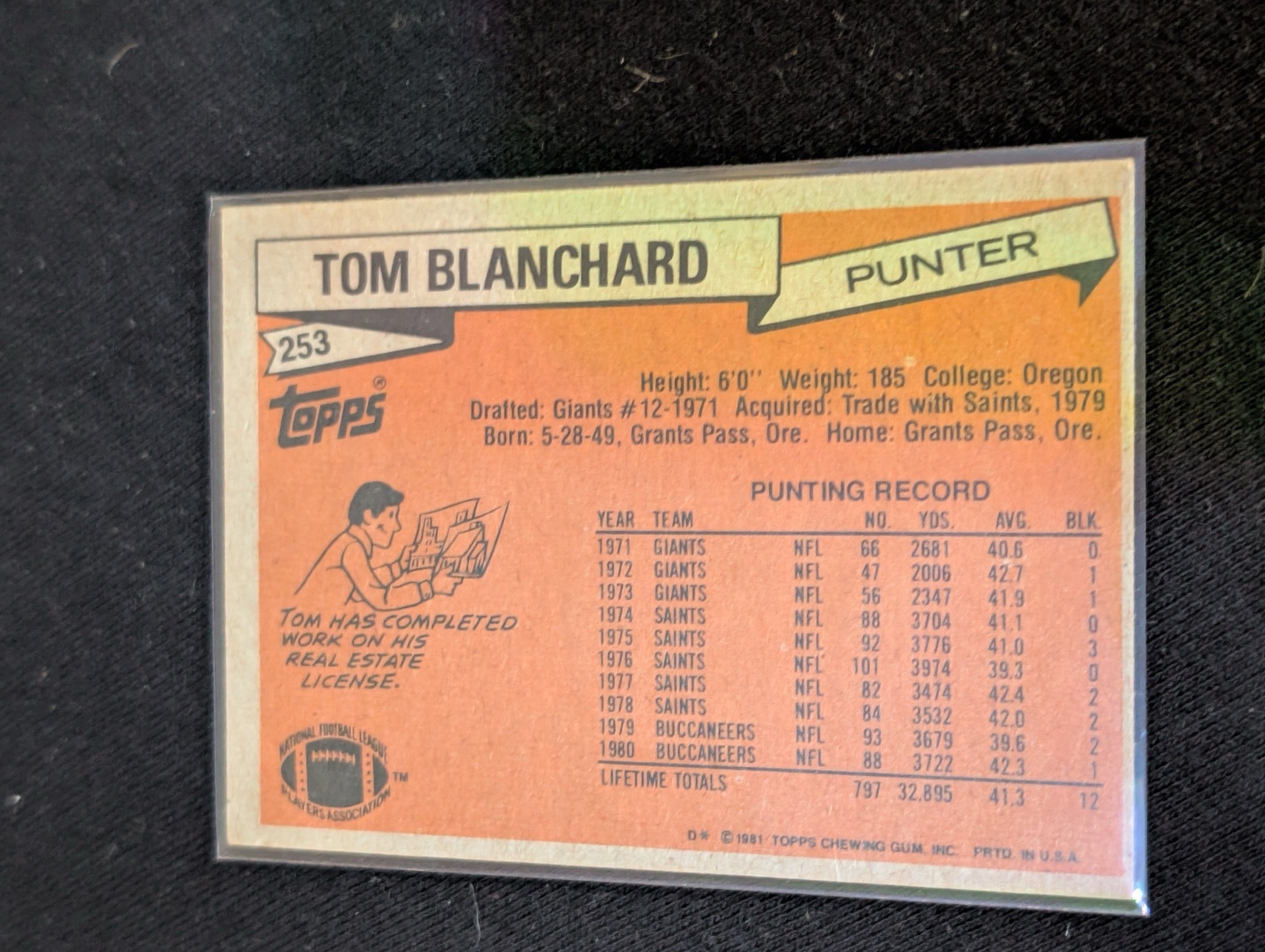Tom Blanchard Buccaneers Punter Vintage Topps Lot (2) 1980 & 1981 Cards