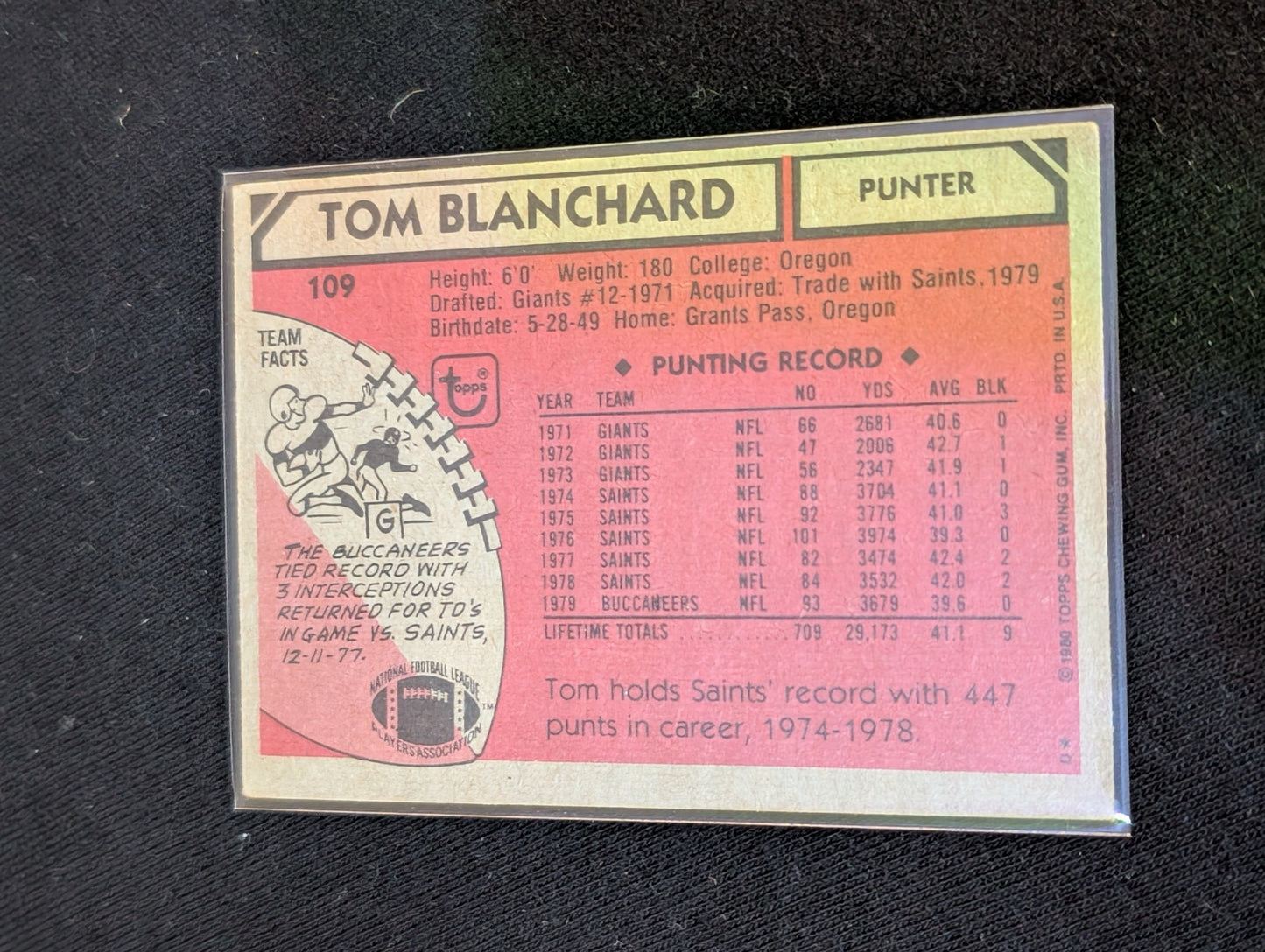 Tom Blanchard Buccaneers Punter Vintage Topps Lot (2) 1980 & 1981 Cards