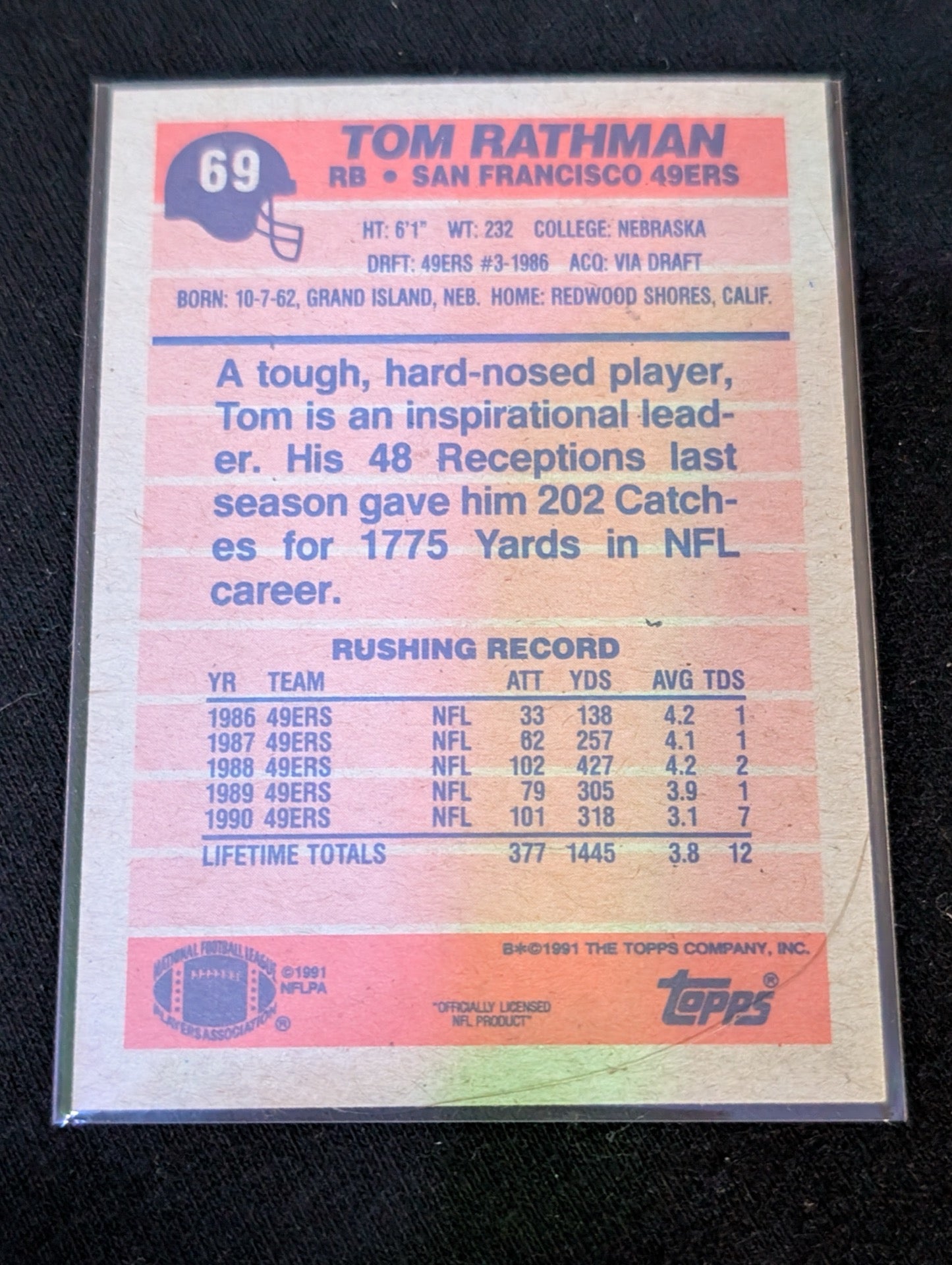 Tom Rathman 49ers FB Legend Lot (3) 1991 Topps 1994 Playoff UD 2x SB Champ
