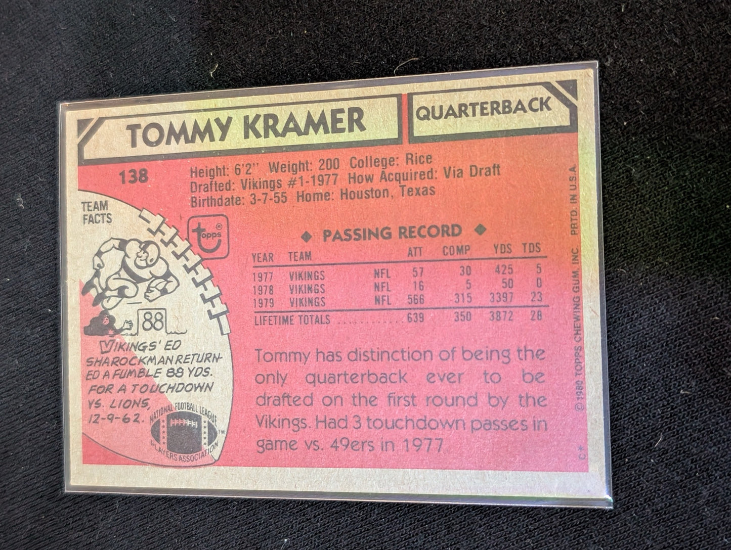 Tommy Kramer Vikings Vintage Topps Lot (2) 1980 & 1981 Pro Bowl QB