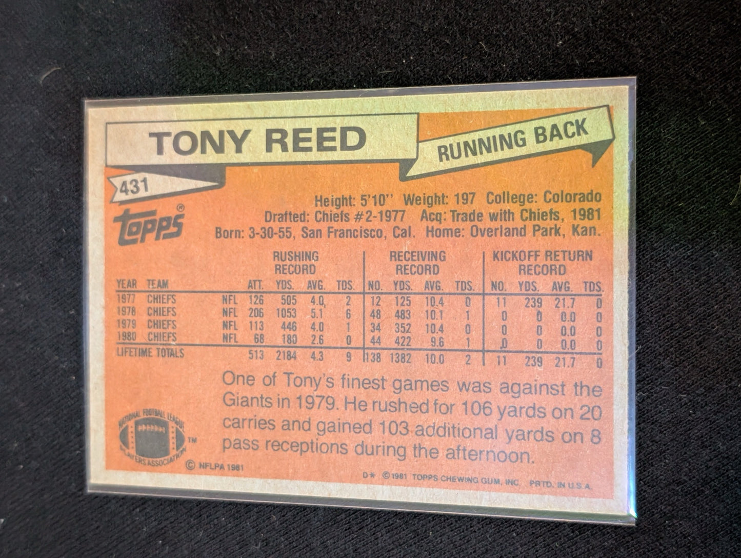 Tony Reed RB Vintage Topps Lot (2) 1980 Chiefs & 1981 Broncos