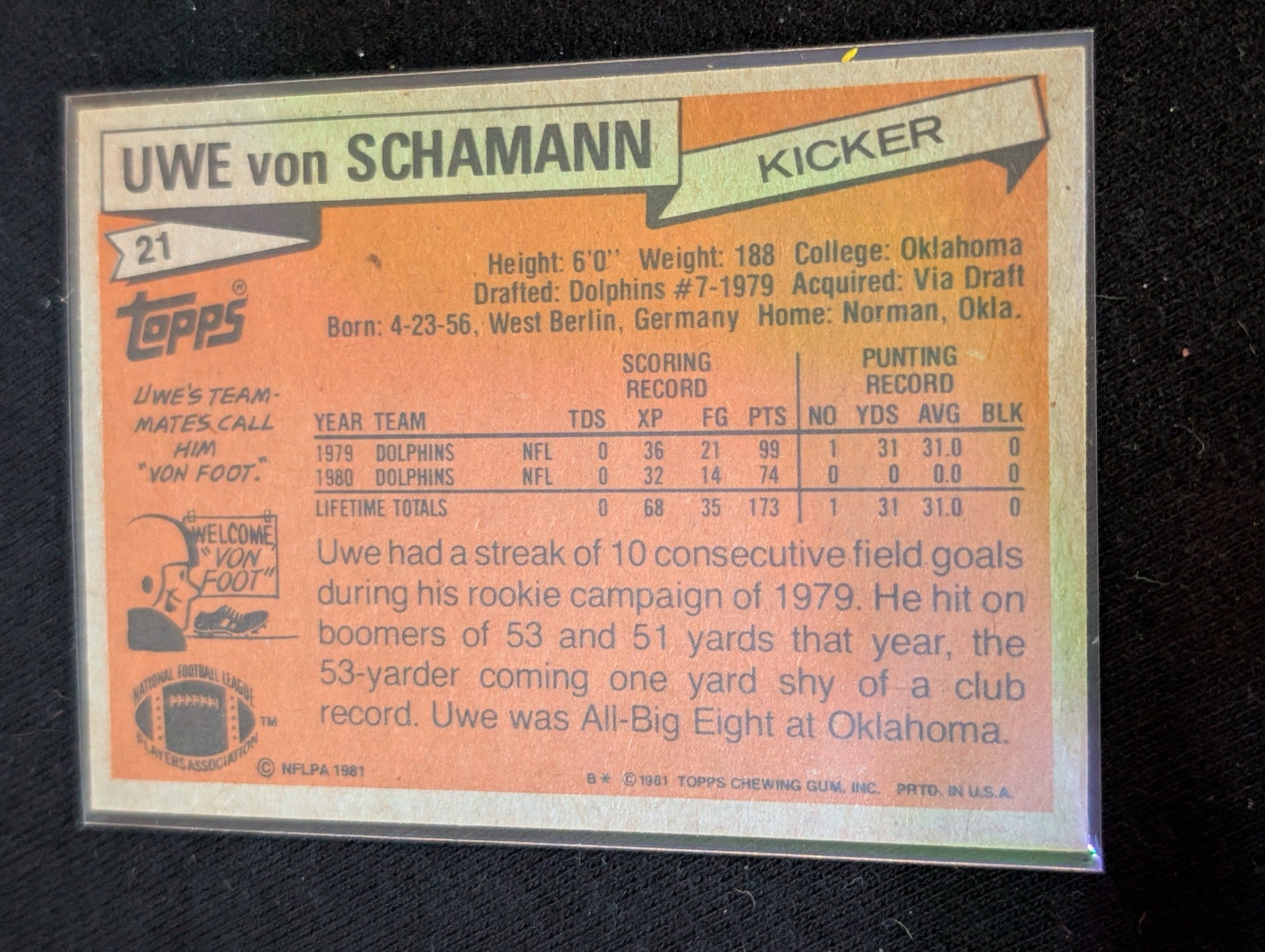Uwe von Schamann Dolphins Kicker Vintage Topps Lot (3) 1980 1981 1982
