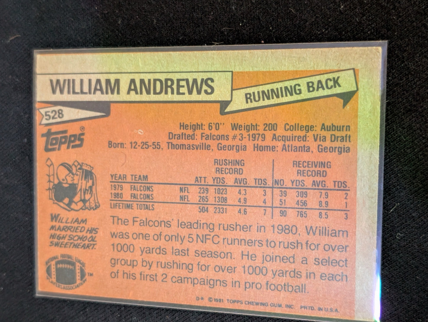 William Andrews Falcons Vintage Topps Lot (2) 1980 & 1981 RB Pro Bowler