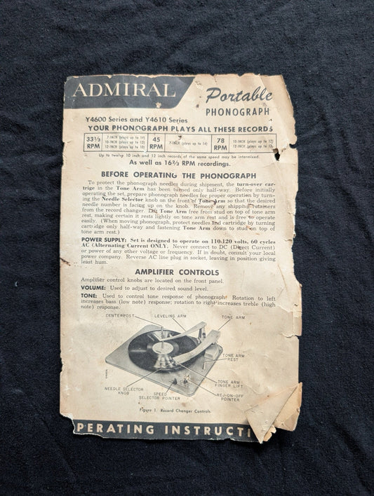 Vintage Admiral Portable Phonograph Instructions Y4600 Y4610 Manual
